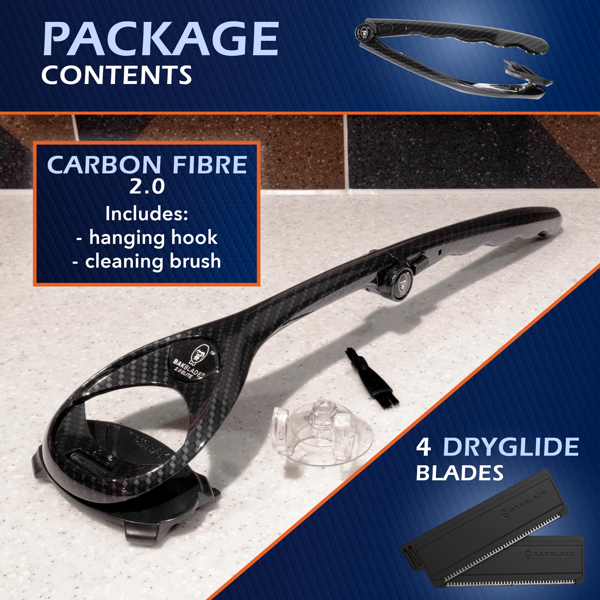BakBlade 2.0 Carbon Fibre Effect – maszynka do golenia pleców dla mężczyzn (DIY), ergonomiczna rączka, golenie na mokro i na sucho (dodatkowe ostrza w zestawie)
