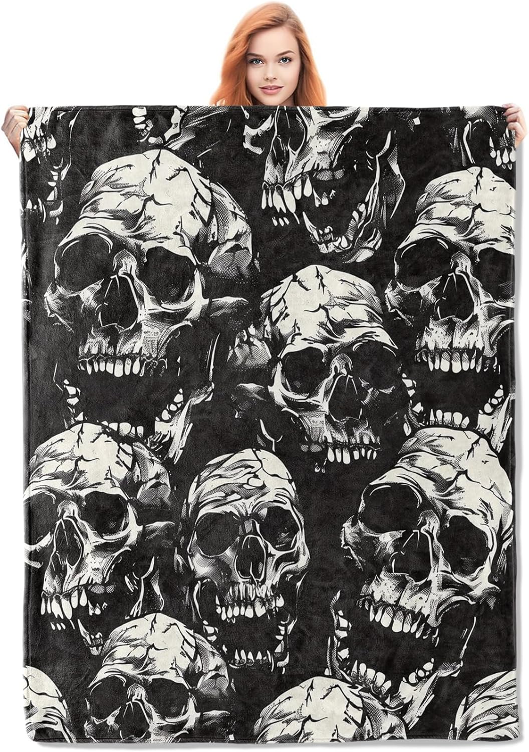 Skull Pattern Blanket, Gothic-Themed Fleece Throw with Detailed Skull Design, Soft Cozy Lightweight Blanket, for Halloween and Gothic Decor Enthusiasts, 50x60 in,Decor