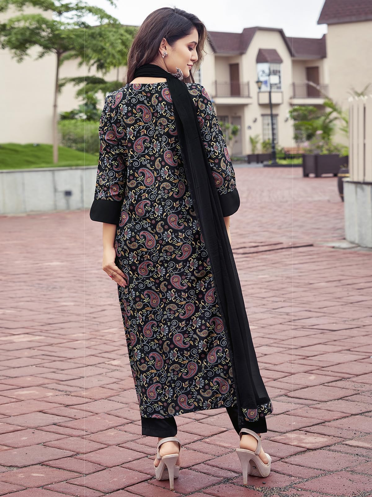 Sanisa Women's Crepe Printed Straight Kurta With Pant And Dupatta Set (100Kbd1095Nr-Xxl_Black & Multi)