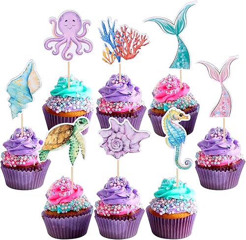 Miniatura 8 de 30 piezas de adornos de sirena para cupcakes con purpurina de estrella de mar coral cola de sirena para cupcakes, pulpo, caballito de mar, medusas,