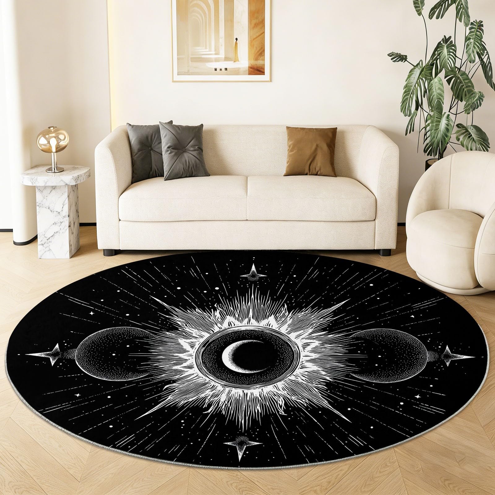 Tapis Rond Salon Lavable, Sonne Galaxie Sterne Nachthimmel Tapis de Sol Décoration Antidérapant pour Salon Chambre Cuisine Balcon Chambre D'enfant Terrasse, 200 cm Soleil Galaxie Étoiles Ciel Nocturne