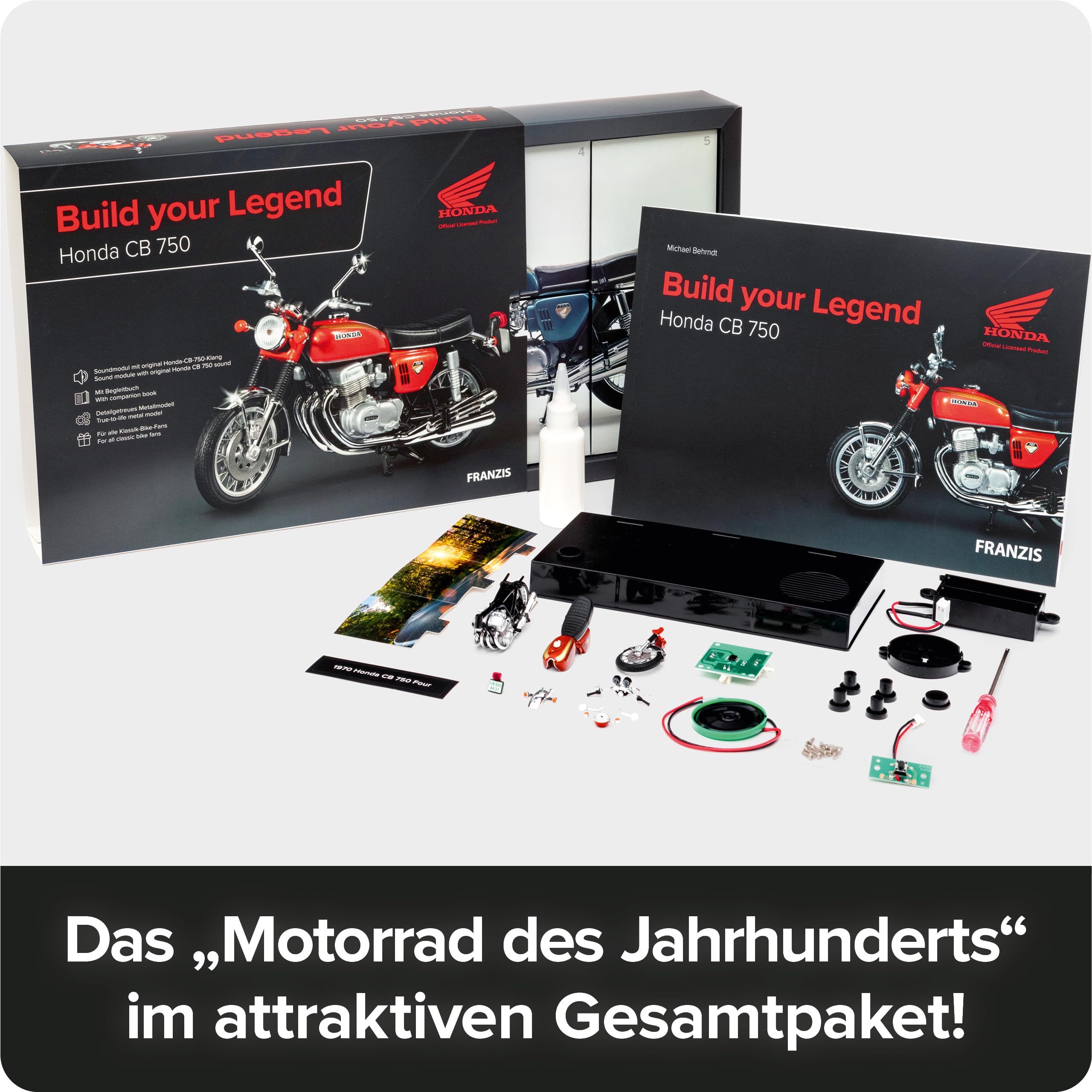 Franzis 67215 - Honda CB 750 Build Your Legend, Metall Modellbausatz im Maßstab 1:24, inkl. Soundmodul und 67-seitigem Begleitbuch