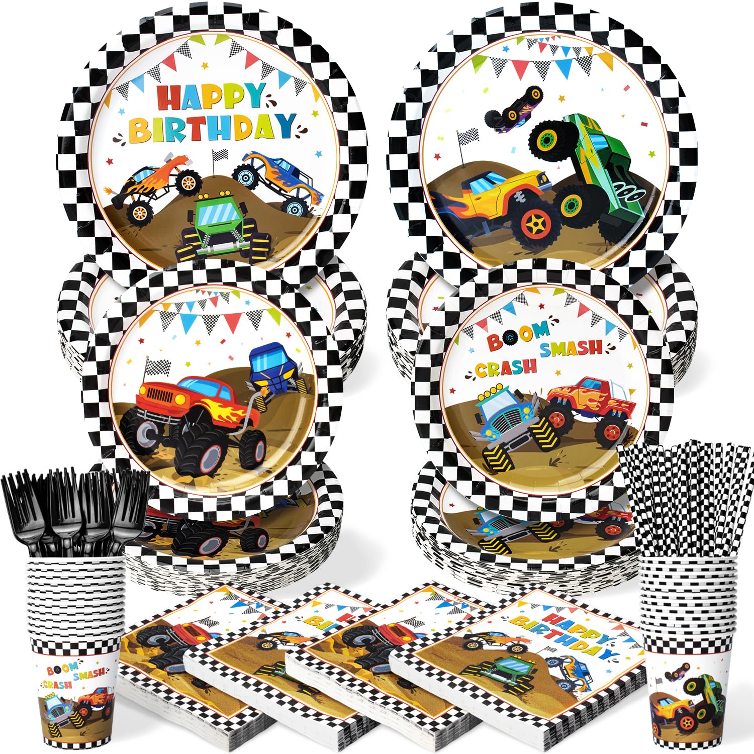 300 Pcs Truck Plates and Napkins Tableware Set, Plates Napkins Cups Straws and Forks Sets, Truck Birthday Decorations, Party Supplies, Serves 50