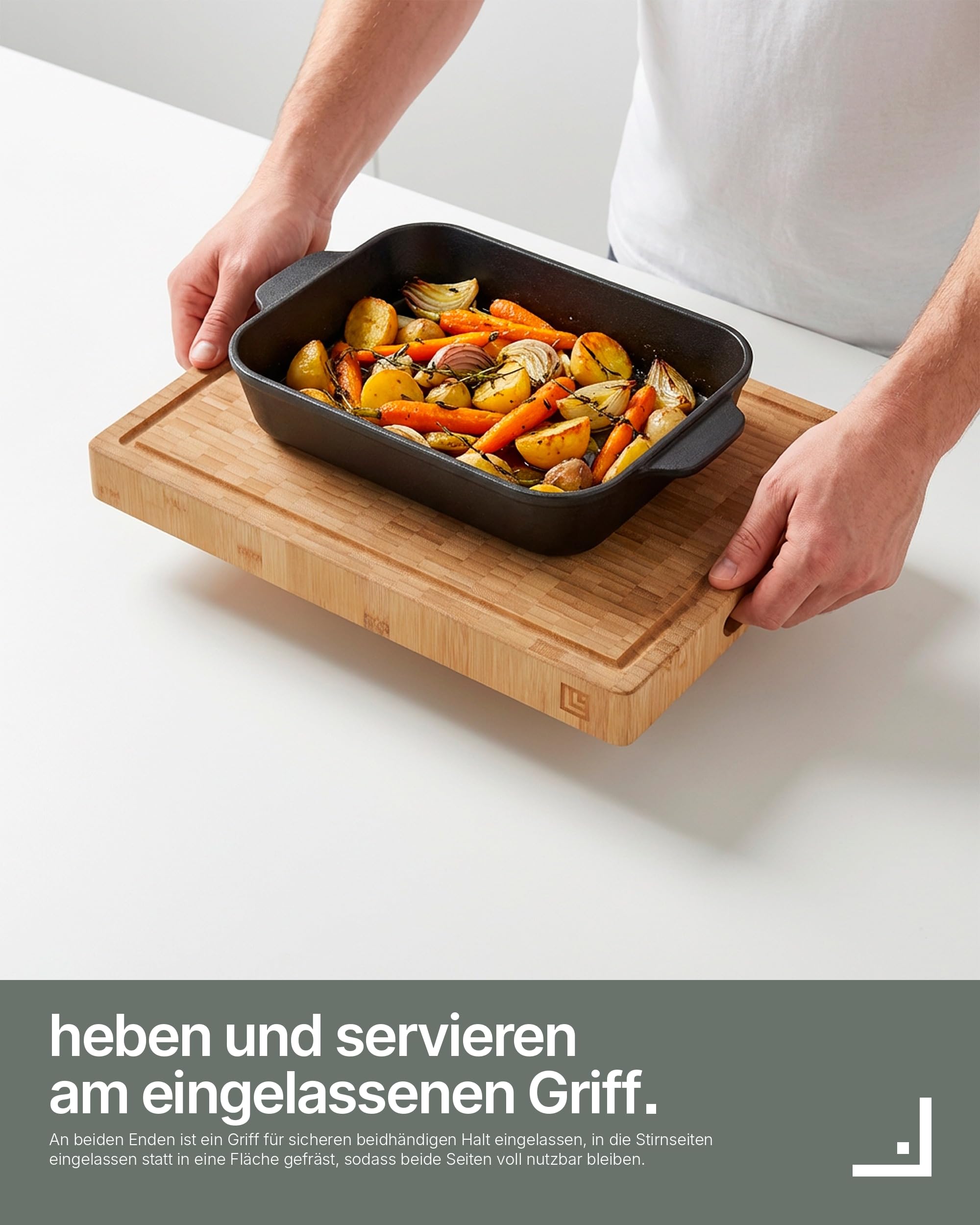 LARHN Stirnholz Hackblock Bambus massiv - 40x30x4 cm - Schneidebrett Holz | Messerschonend, Saftrille, Griff, vorgeölt, wendbar, plastikfrei, für Fleisch, Gemüse, Brot, Käse & Wurst