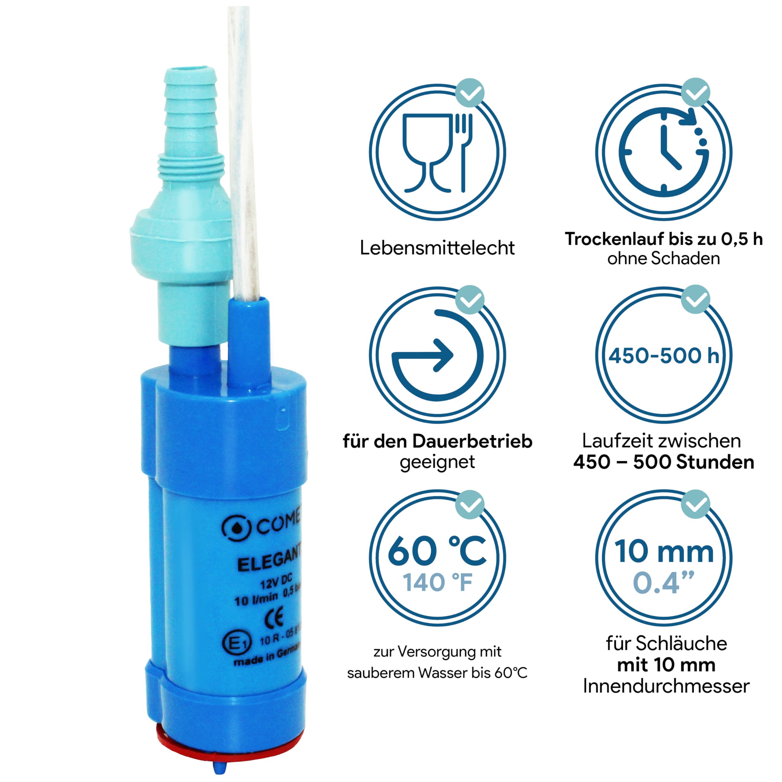 VitalVenture Comet Pompa Acqua 12V Con Valvola Di Ritegno E Filtro – Silenziosa, Compatta, 20 L/min, Per Camper E Roulotte, Incluso Ebook Campeggio