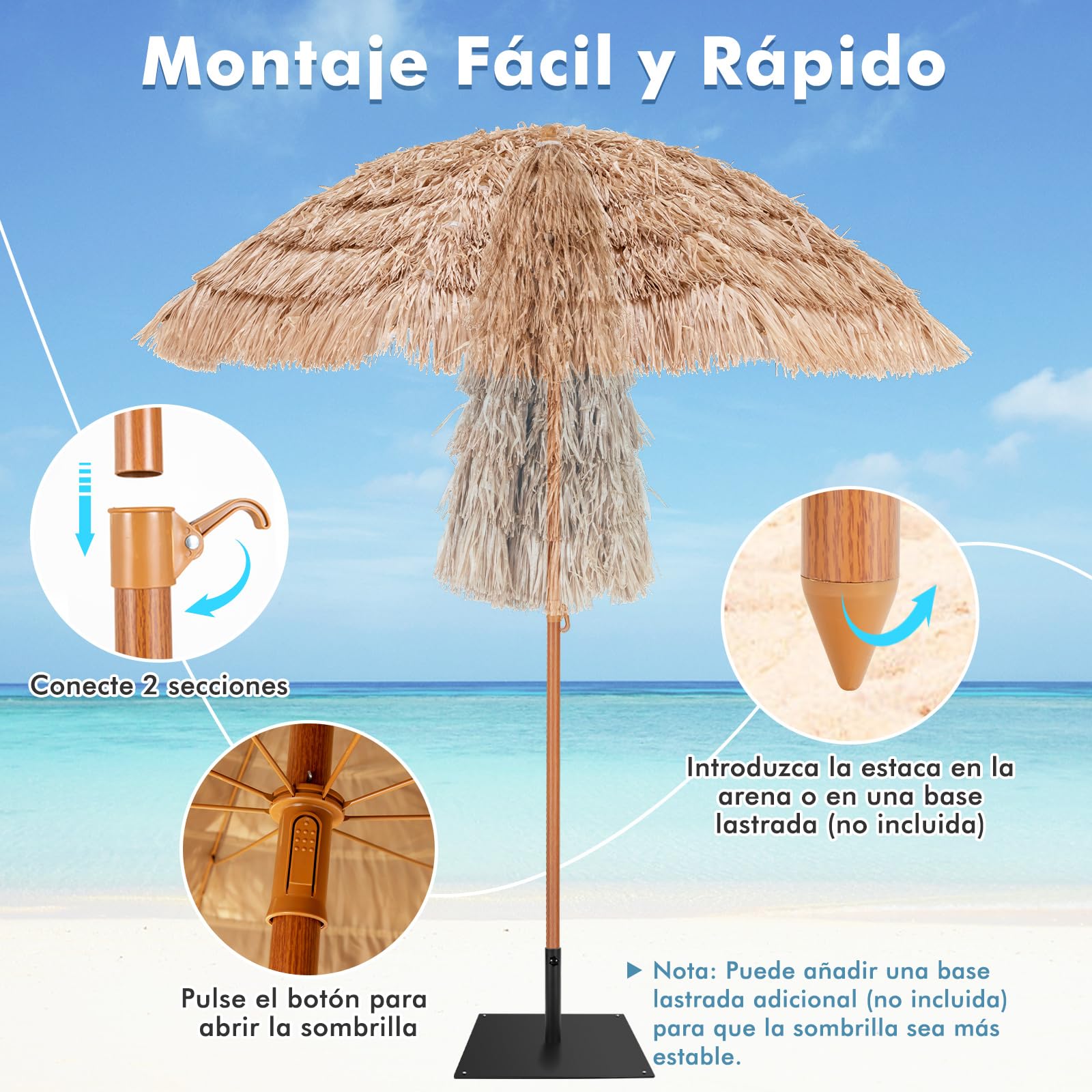 COSTWAY Conjunto de Tumbona Ratán Exterior con Cojín, Sombrilla de Paja de 2,2m con Base Recargable, Tumbona Reclinable en 7 Posiciones Jardín, Terraza o Piscina (Juego marrón)