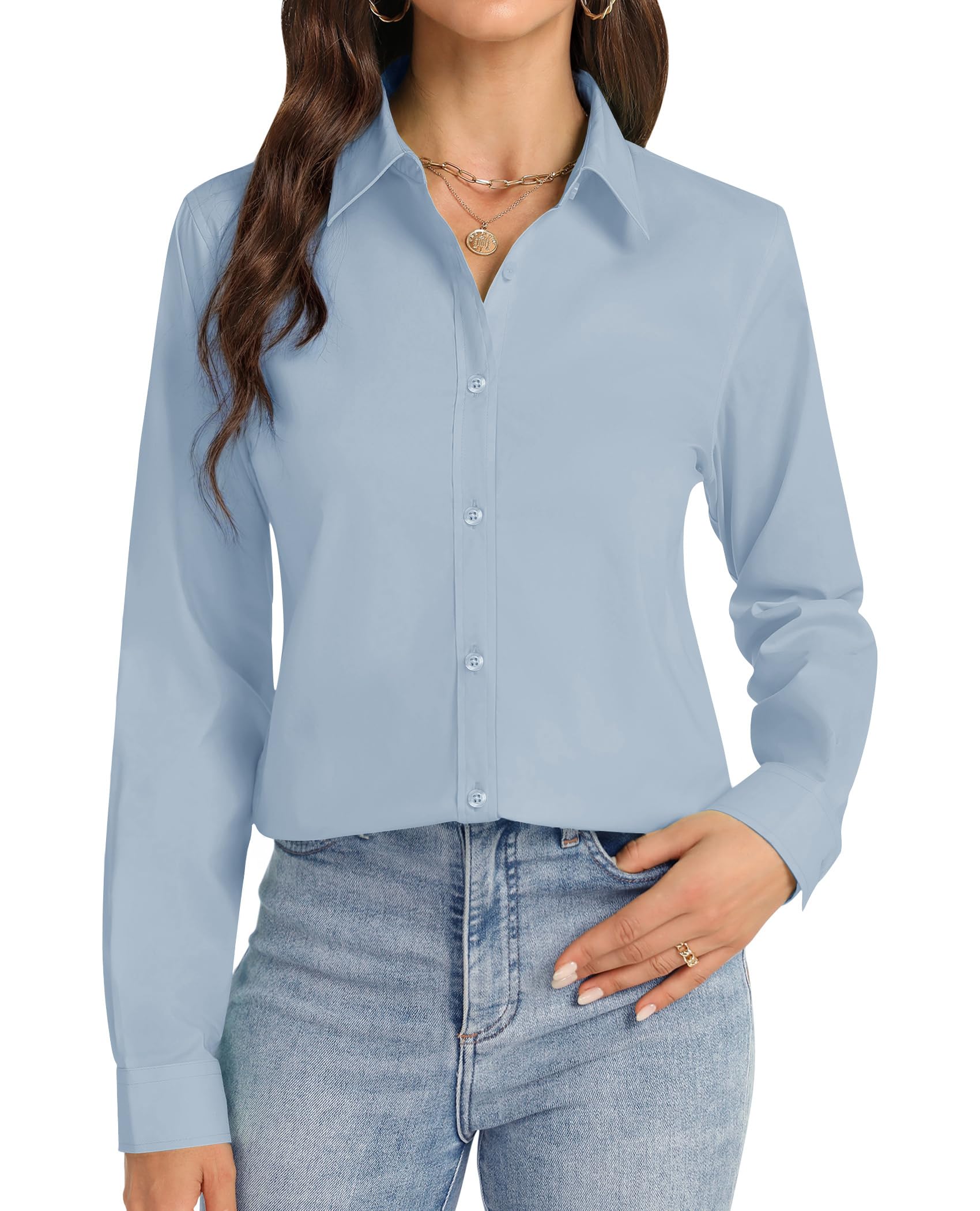 J.VER Button Down Shirts for Women Stretch Collared Cotton Long Sleeve Dress Shirt Business Casual Blouse for Work, Airy Blue, L