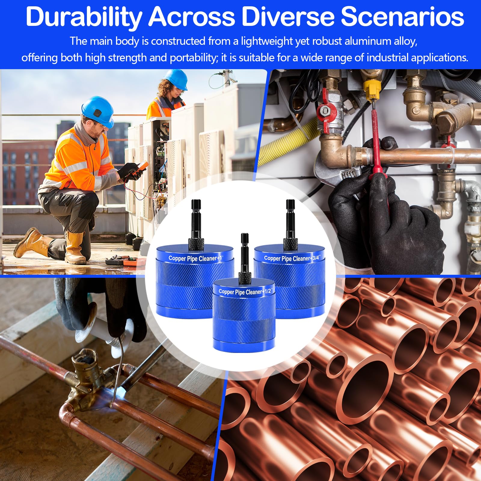 Limpiador De TuberíAs De Cobre, Cepillo Multifuncional De 15 Mm 22 Mm 28 Mm Para Limpiar TuberíAs De Cobre De 1/2" 3/4" Y 1" Con VáStago Hexagonal De 1/4" Y 3 Cuchillas Para Eliminar óXido (Azul)