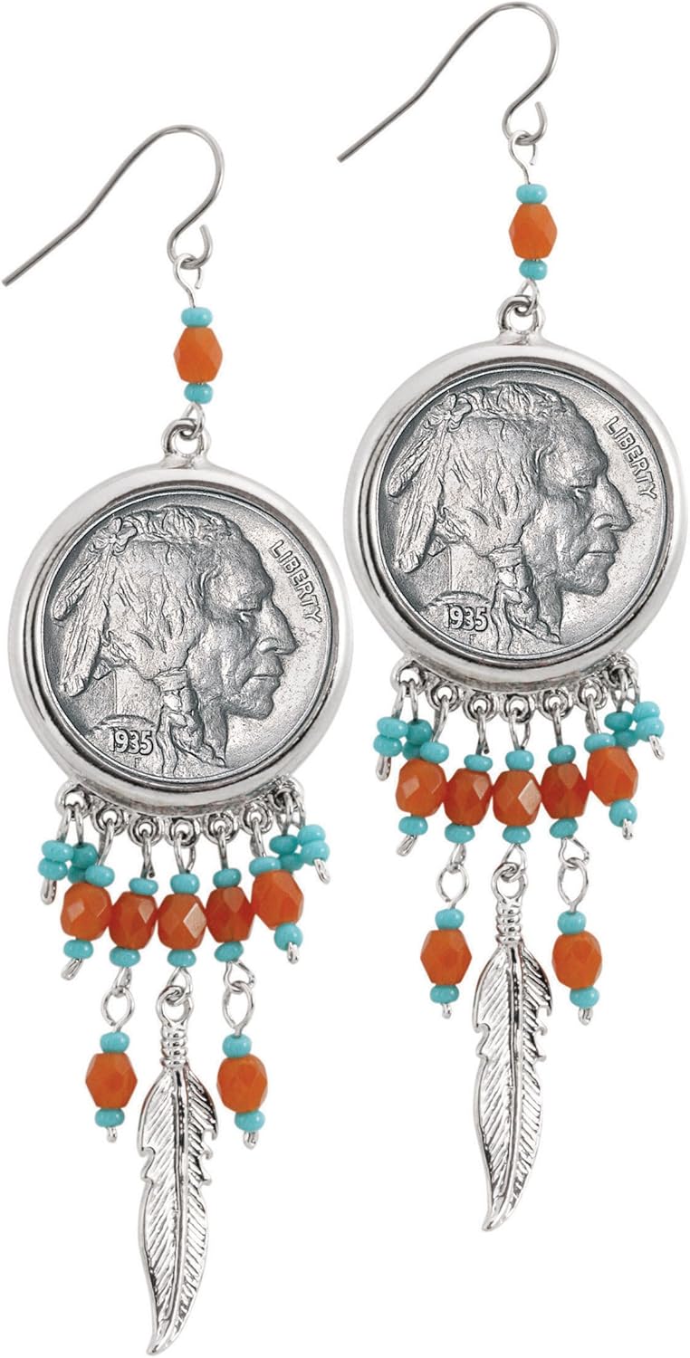 Buffalo Nickel Silvertone Feather Fish Hook Beaded Coin Earrings