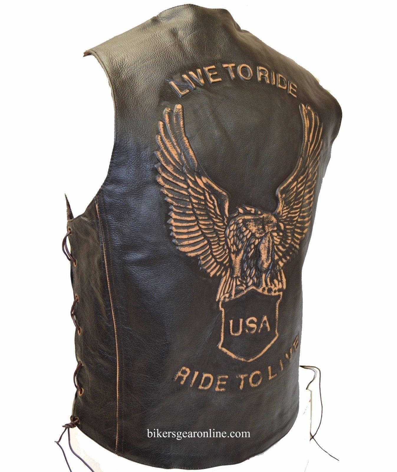 Men's Motorcycle Bikers Retro Brown Leather Vest W/Side LACE Eagle Embossed Back (52 Regular)
