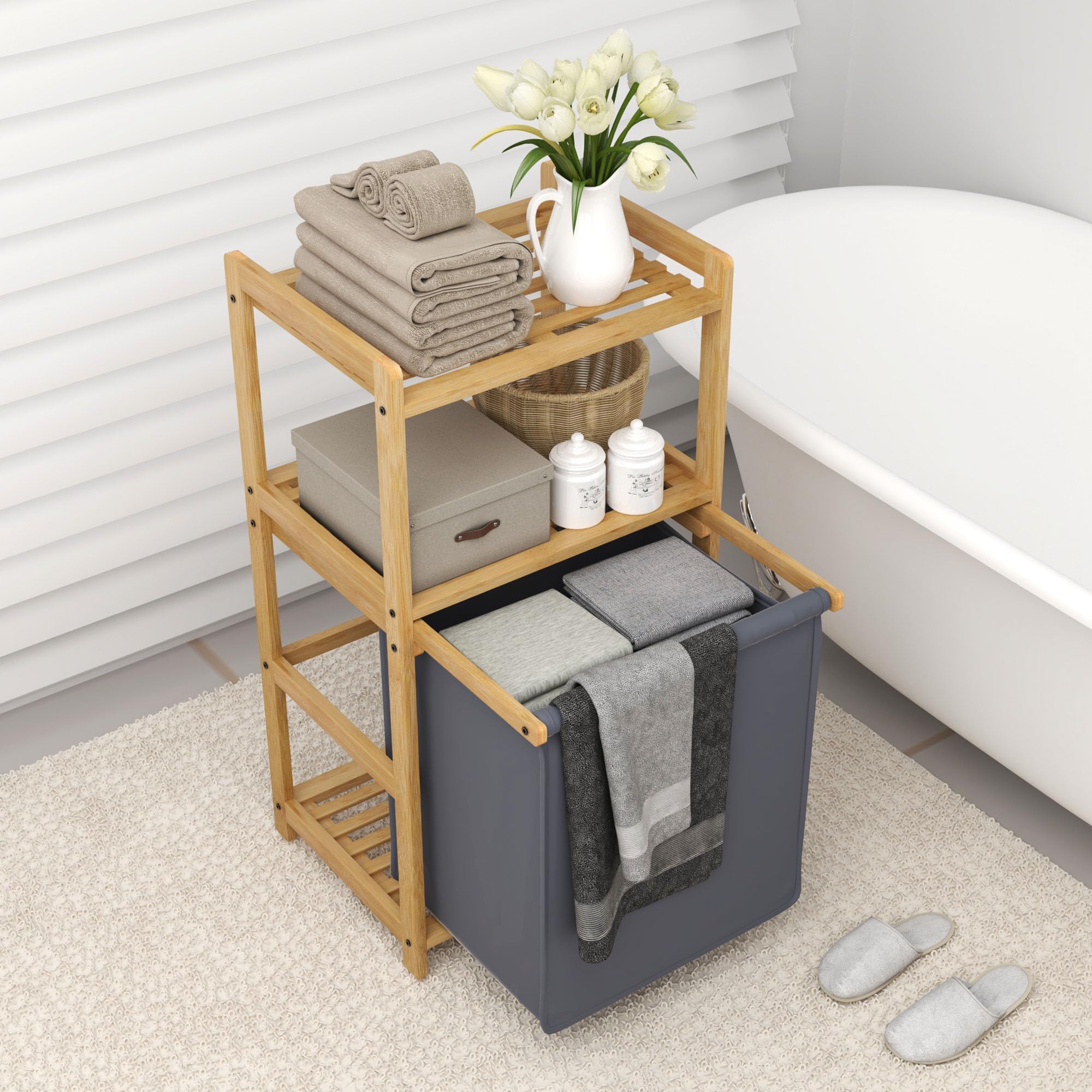 Cesta Ropa Sucia, Mueble Ropa Sucia, Bambú, 80X43X33cm, Compartimentos de 50L, Laundry Basket & Mueble de Lavandería de Baño, con 2 Estantes