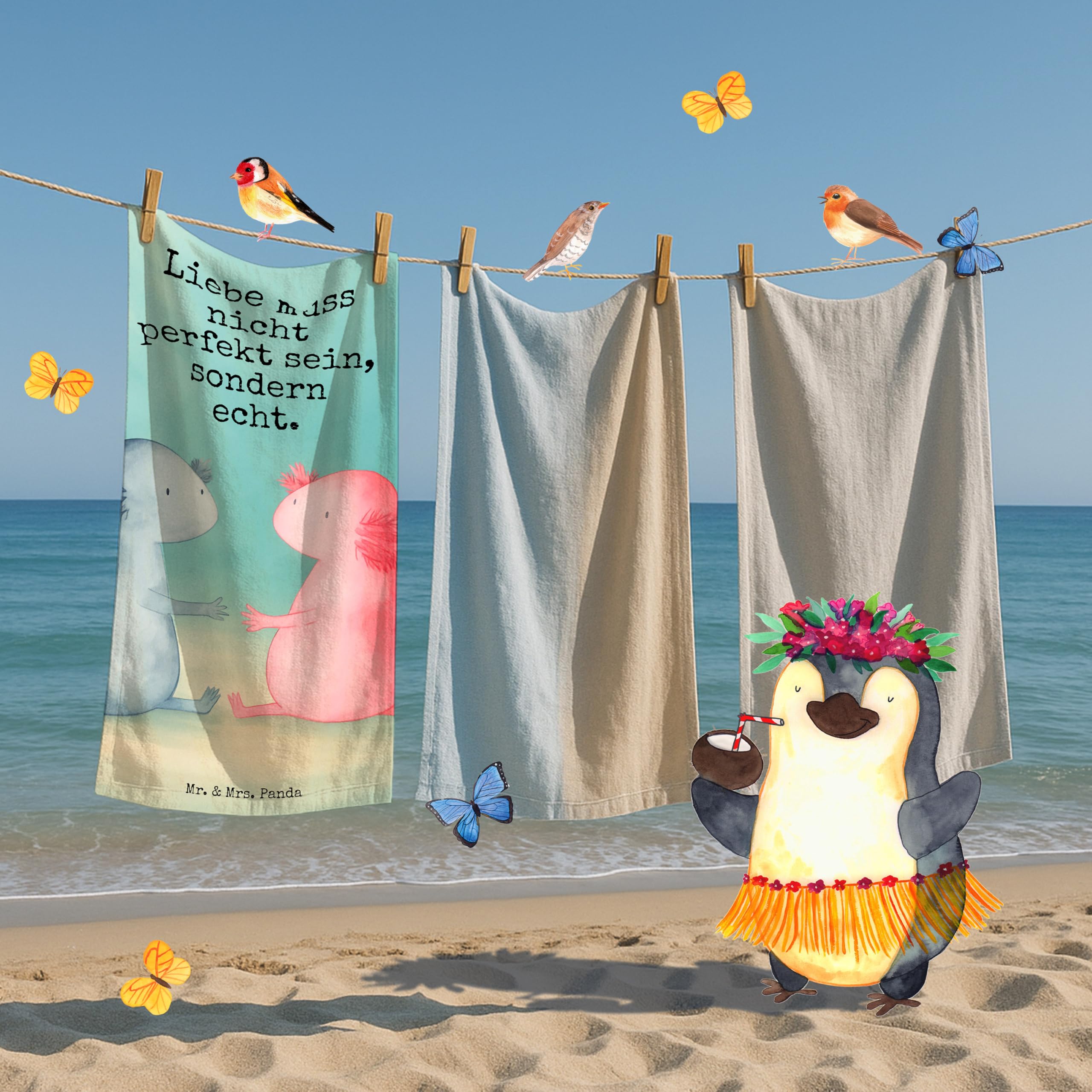 Mr. & Mrs. Panda Strandtuch Axolotl Liebe Design - Geschenk, sporthandtuch, Duschhandtuch, Lurch, Valentinstag, Sport Handtuch, Reisehandtuch