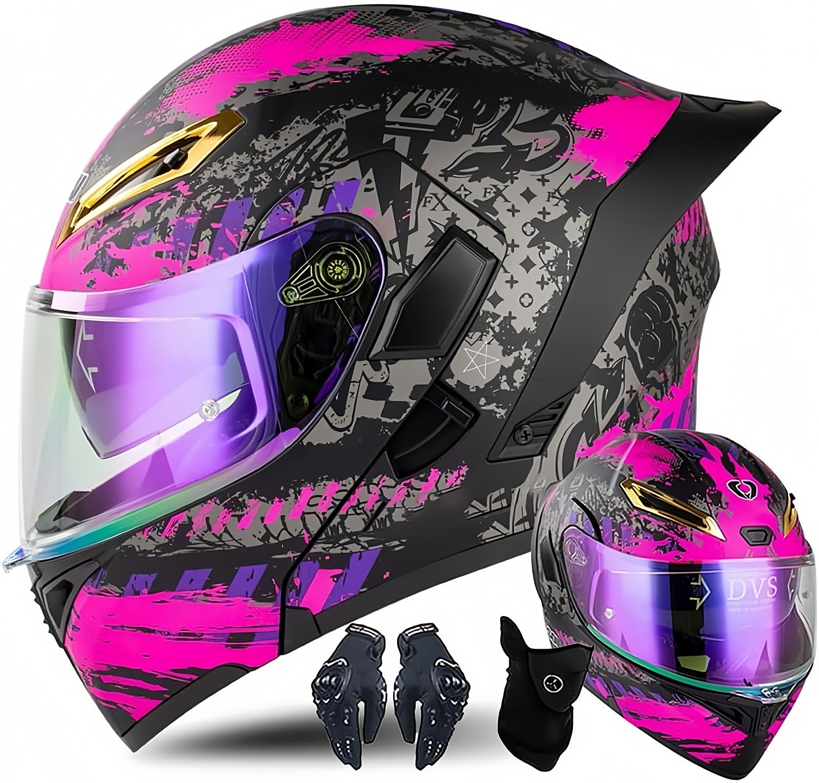 Modularer Motorradhelm Mit Handschuhen Und Gesichtsschutz, ECE-Geprüfter Helm, Klapphelm, Motorradhelm Für Erwachsene Mit Doppelvisier Für Männer Und Frauen Q,XL:61-62CM