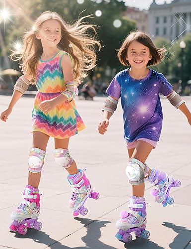 Miniatura 9 de SULIFEEL - Patines ajustables de estilo tie-dye arcoíris para niñas y niños de 3 a 5 años, 5 a 8 años, 6 a 12 años, rosa y morado, con luces, con