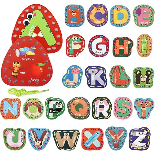 Vodolo Lacing Cards for Kids Ages 3-5,26 PCS Double Sided Sewing Cards for Toddlers 2-4 4-8,Sewing Kit Fine Motor Skills Threading Learning Toys,Preschool Kindergarten Classroom Must Haves Supplies