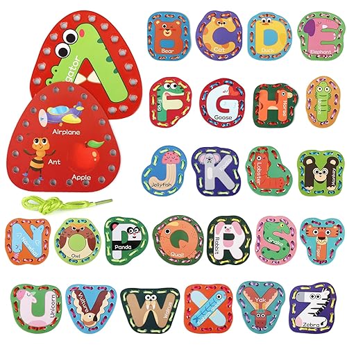Vodolo 26pcs Lacing Cards,Travel Sewing Kit for Kids,Lacing Letters Sequencing