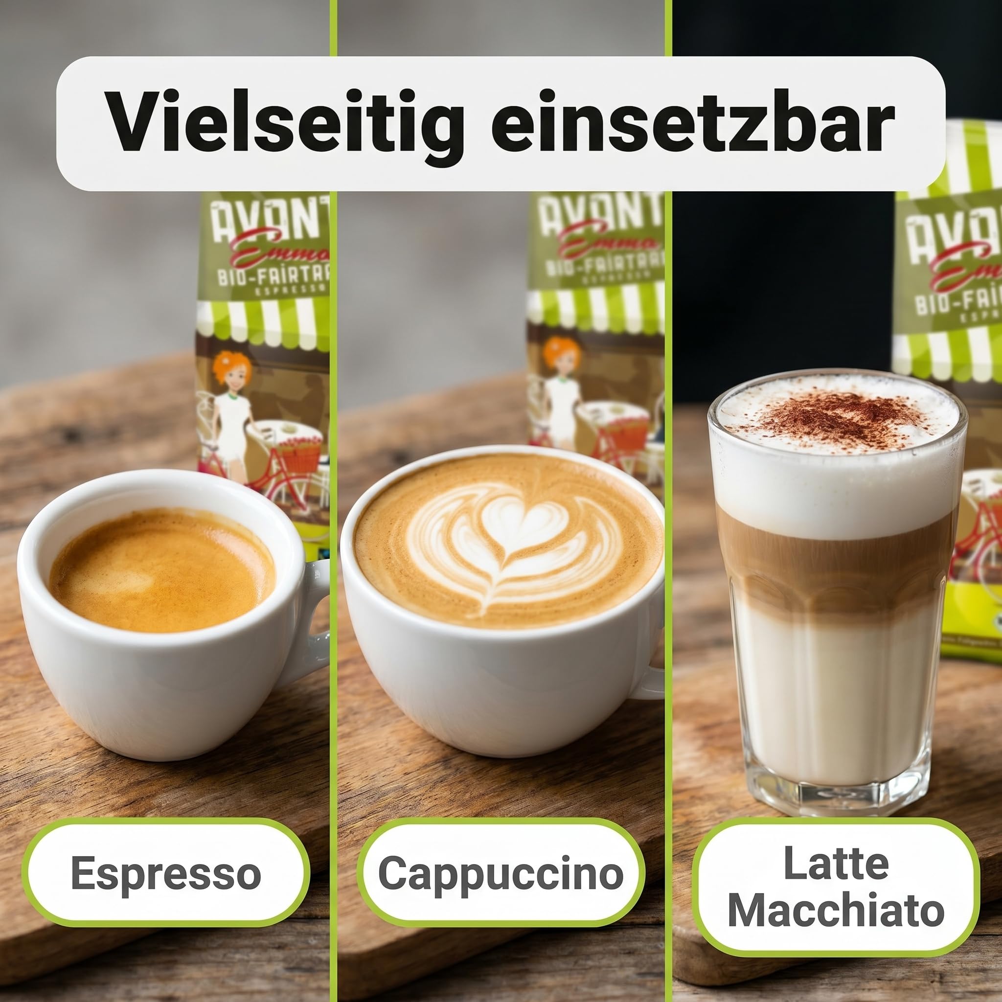 4 x AVANTI Emma Kaffeebohnen, Fairtrade Espresso, ganze Bohnen 500 g, 80% Arabica 20% Robusta, säurearme Langzeit-Trommelröstung (mitteldunkel), Schweizer Röstung und Abfüllung