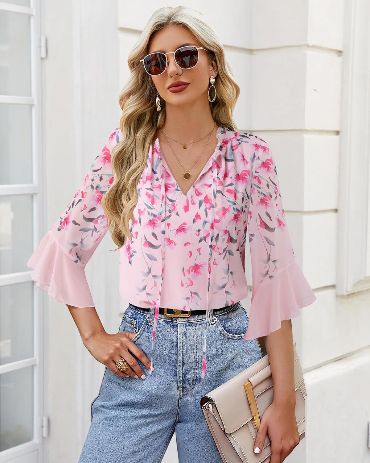 Lotusmile Women's Dressy Casual or Work Business Blouses Trendy Ruffle Neck Shirts 3/4 Sleeve Chiffon Tops - Image 3