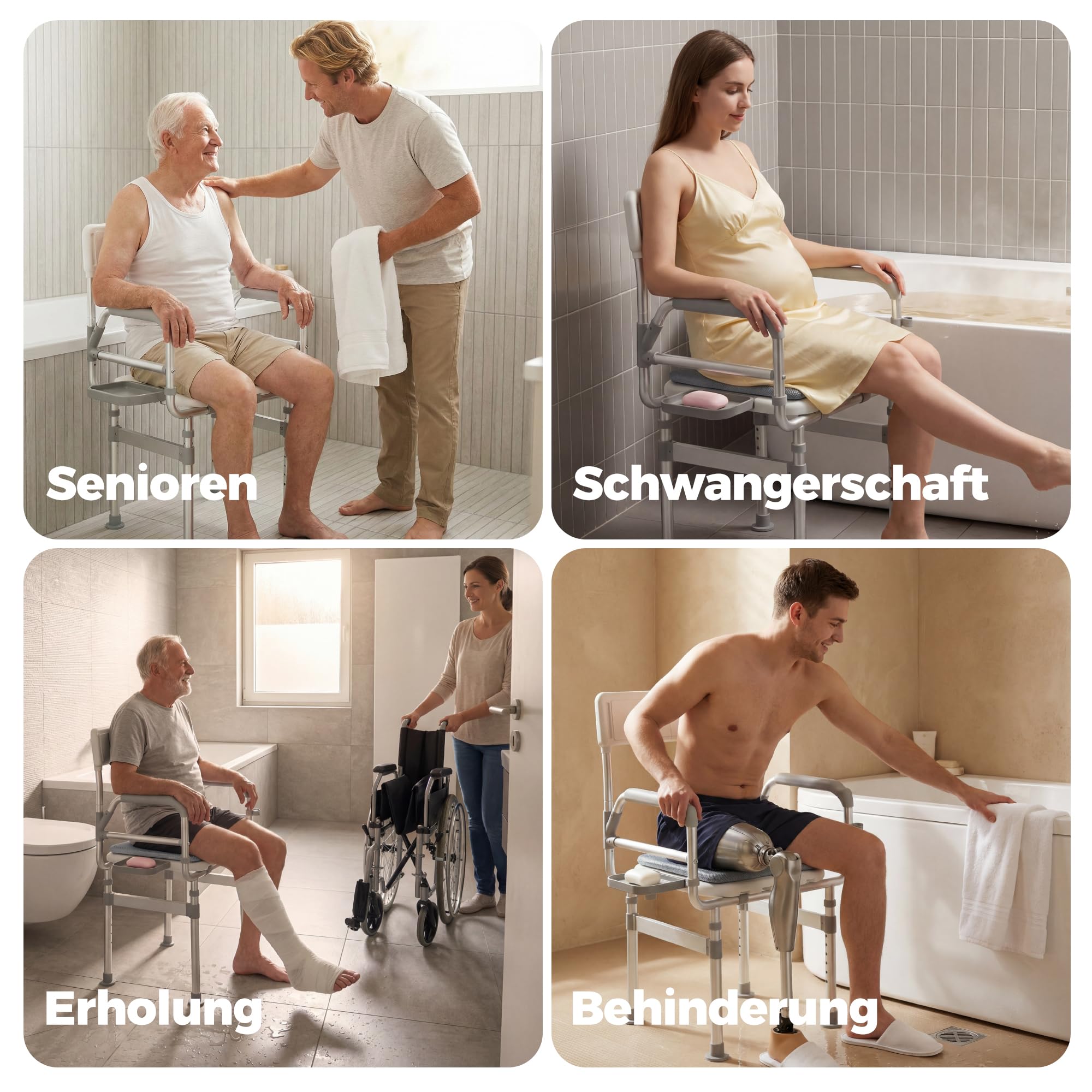 Duschstuhl klappbar Senioren mit Armlehnen, Duschkissen, bis 200 kg, XXL | Duschhocker mit Rückenlehne, 6-fach höhenverstellbar, extra breite Sitzfläche, erhöhte Sitzhöhe für Dusche und Badewanne