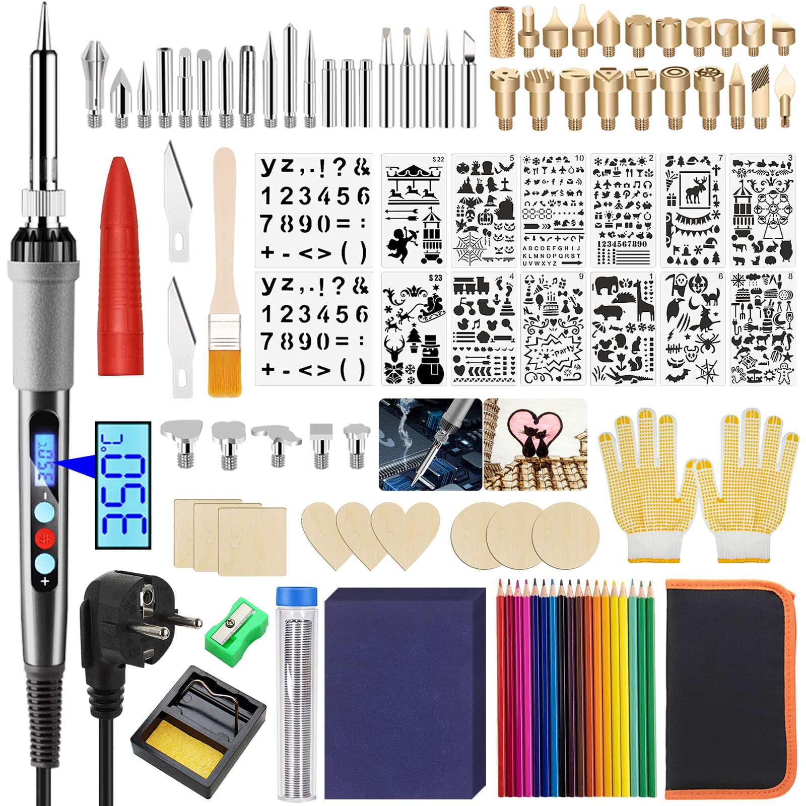 80W Kit de Pyrogravure Bois,Fer à souder Electrique Ensemble de 108 Pièces,Pyrogravure sur Bois avec Écran LCD Temperature Réglable,Support pour Souder,pour Réparations électriques