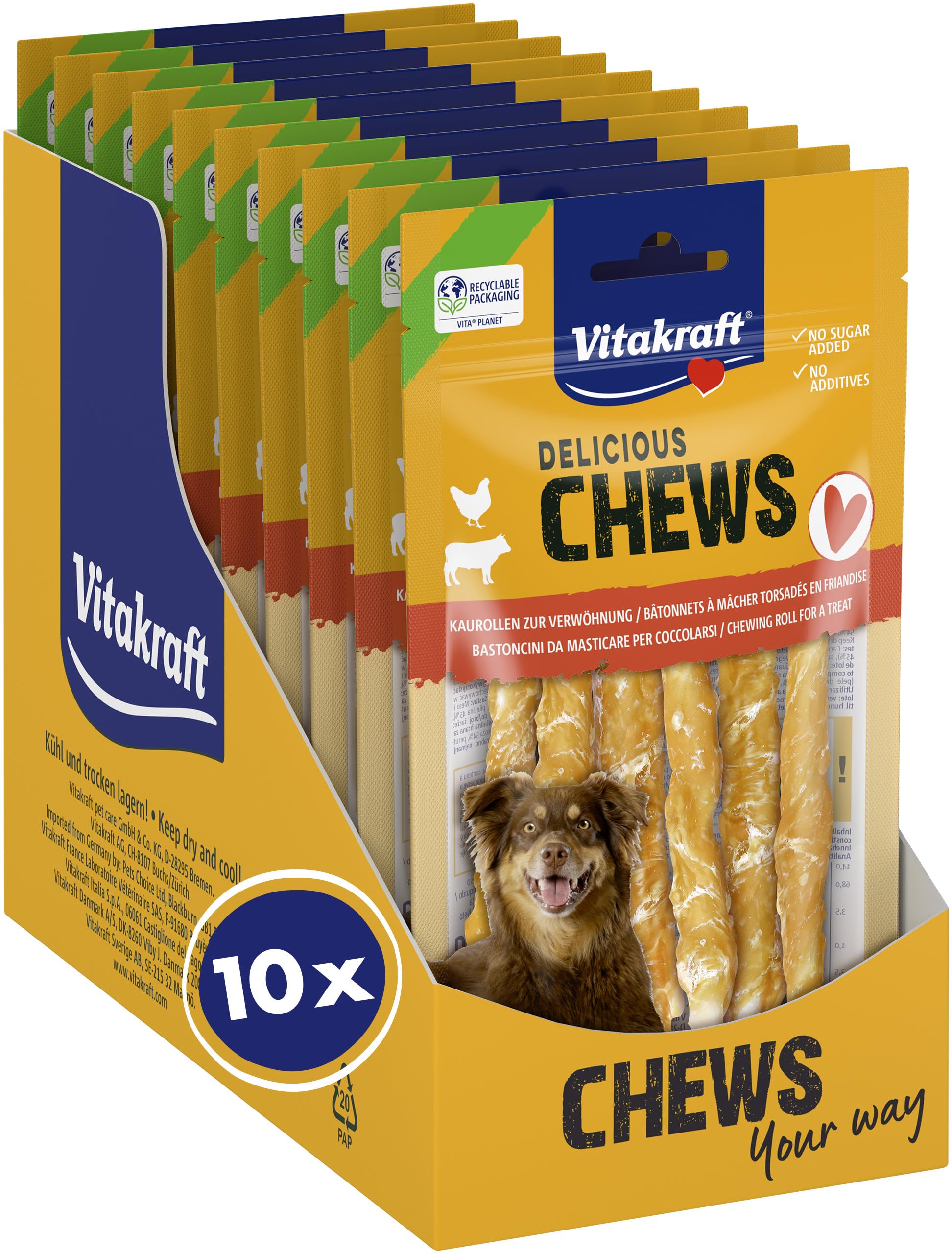 Vitakraft Delicious Chews, Hundekauknochen, Kaurollen aus Rinderhaut umwickelt mit Hühnchenfleisch, zur Beschäftigung, ohne Zusatz von Zucker (10x 70g)
