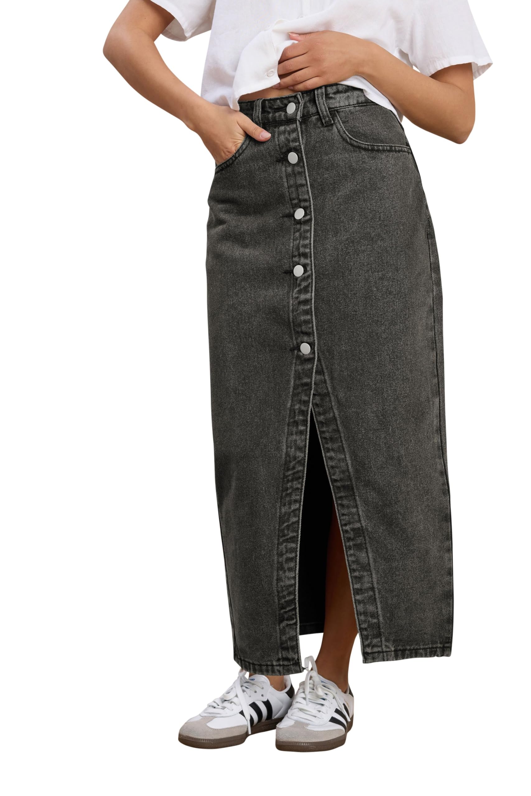 Pixiegirl Women's Black Petite Denim Button Midi Skirt Size 14