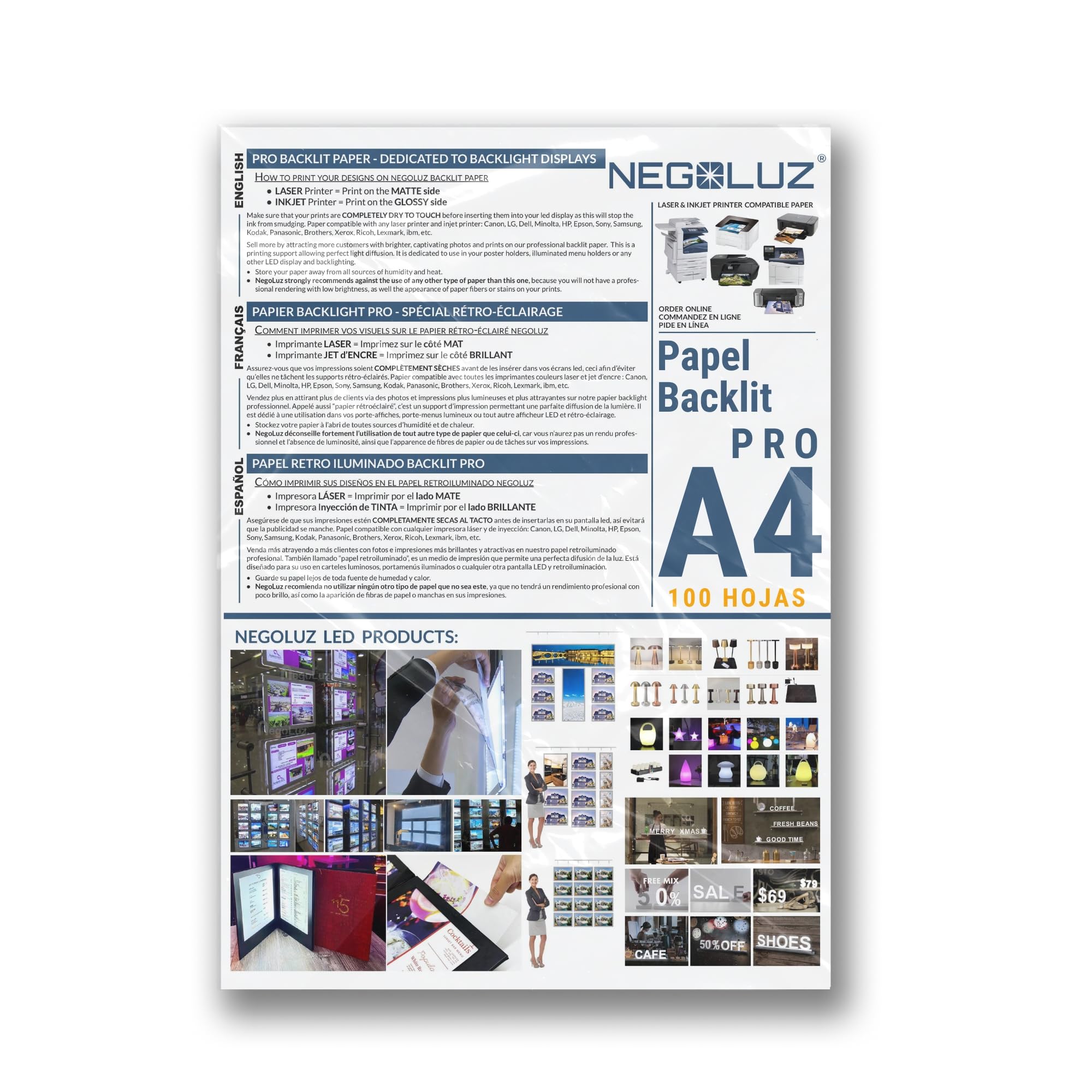 Papel Retroiluminado A4 PRO (100 Hojas) para Caja de Luz LED, Portamenú Luminoso, Escaparate LED. Papel Backlit NegoLuz® para uso Profesional, Compatible con TODAS Impresoras Láser y Tinta