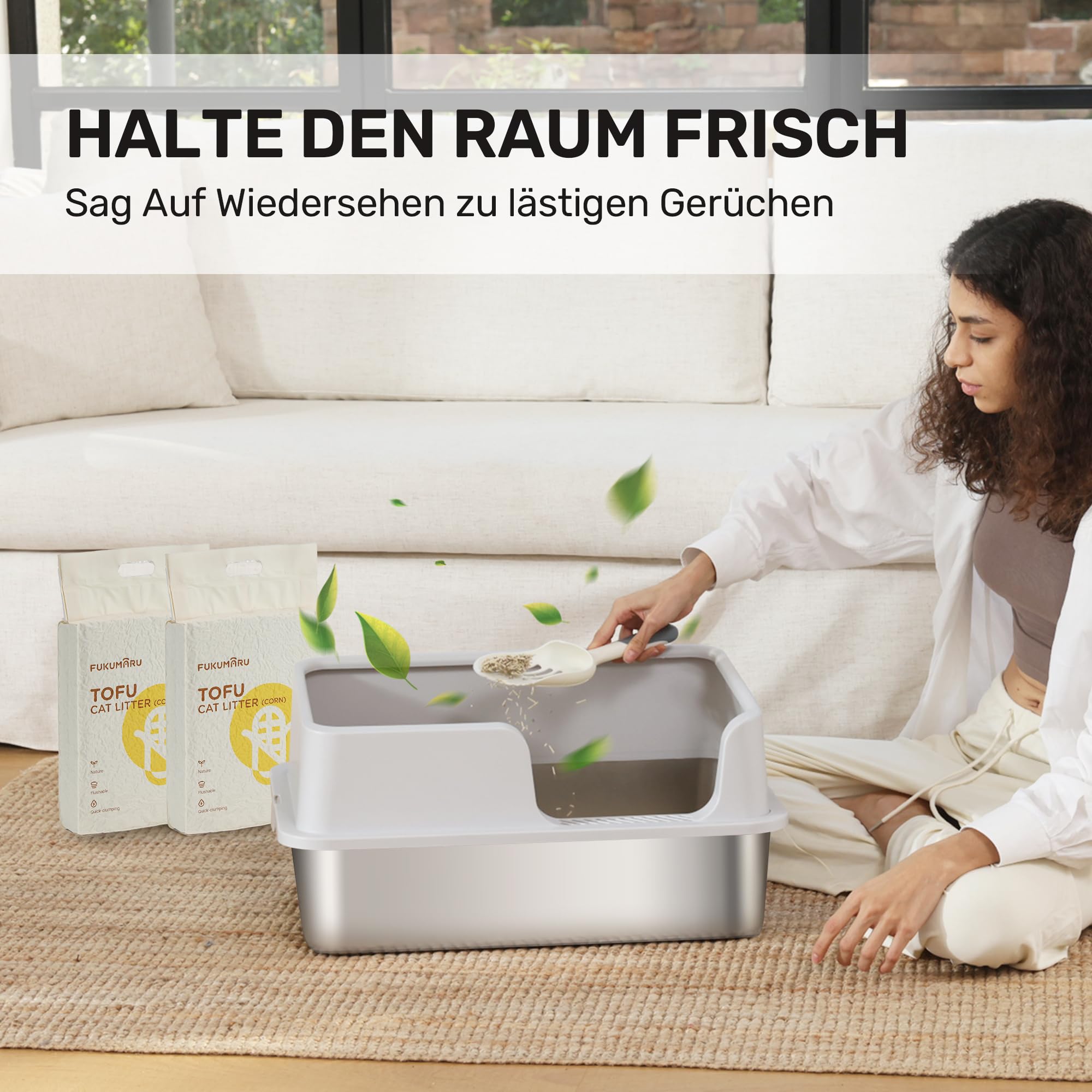 FUKUMARU Katzenklo Edelstahl XXL, Hohe Seitenwände Katzentoilette, 30L Große Kapazität Auslaufsicher mit Zwei Beuteln Katzenstreu, Nicht-Haftend, Einfache Reinigung, Inklusive Schaufel，60x40x30cm