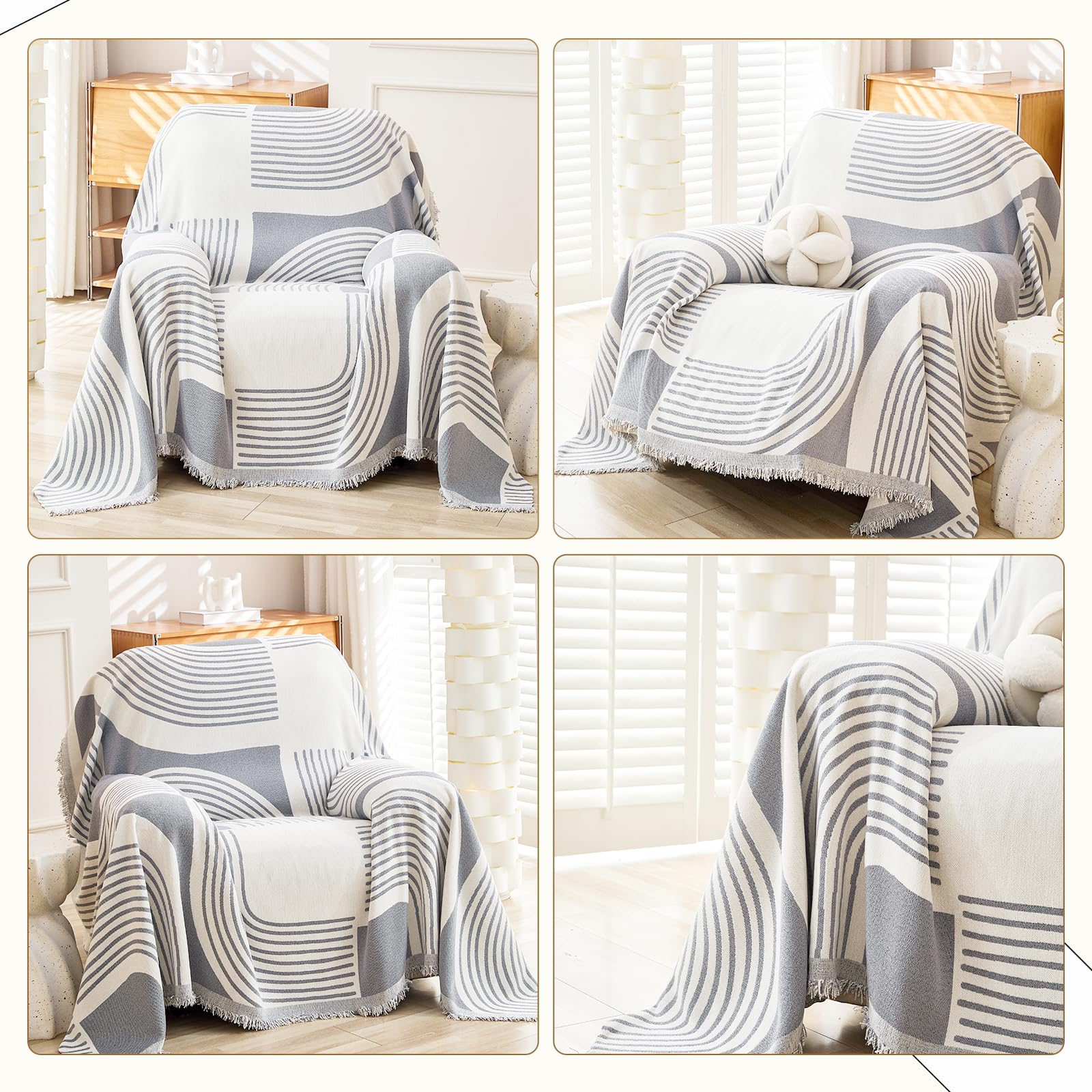 WEYOND Boho Chenille Couch Cover with Tassels, Bohemian Sofa Cover for 1 Cushion Couch, Armchair, Chair, 1 Seater (180 x 230 cm, Grey) - Image 3