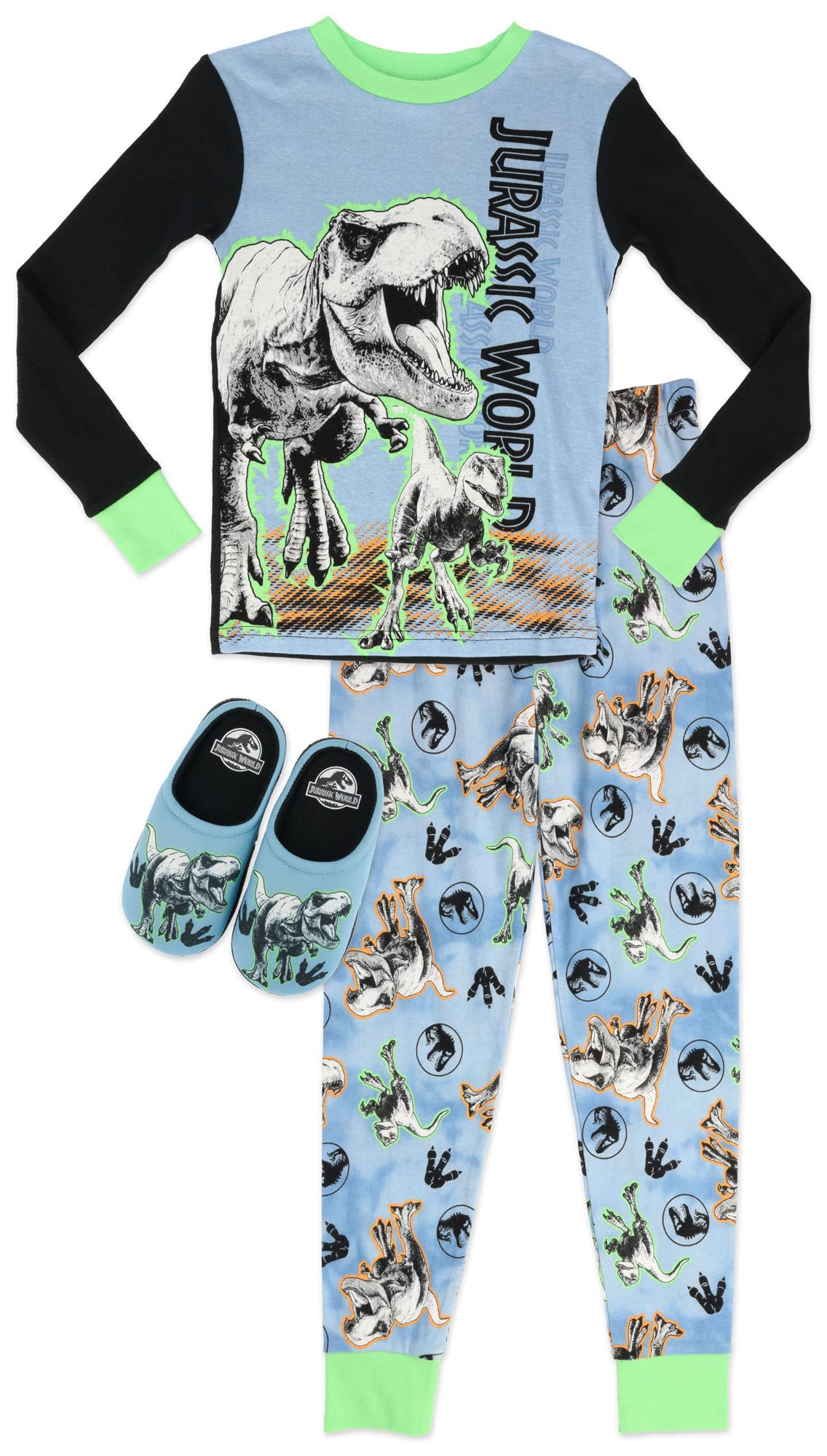 Jurassic World Conjunto de pijama de algodón de 2 piezas con zapatillas adicionales para niños pequeños, tallas 37 a 46