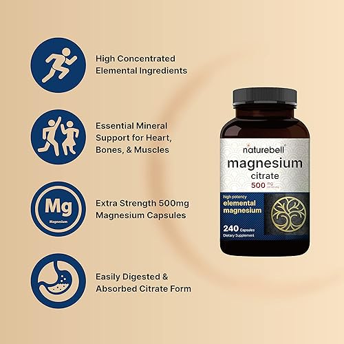 Miniatura 3 de Paquete de 2 citratos de magnesio de 500 mg, 480 cápsulas, forma elemental de alta pureza, extrafuerte, mineral esencial para el corazón, los