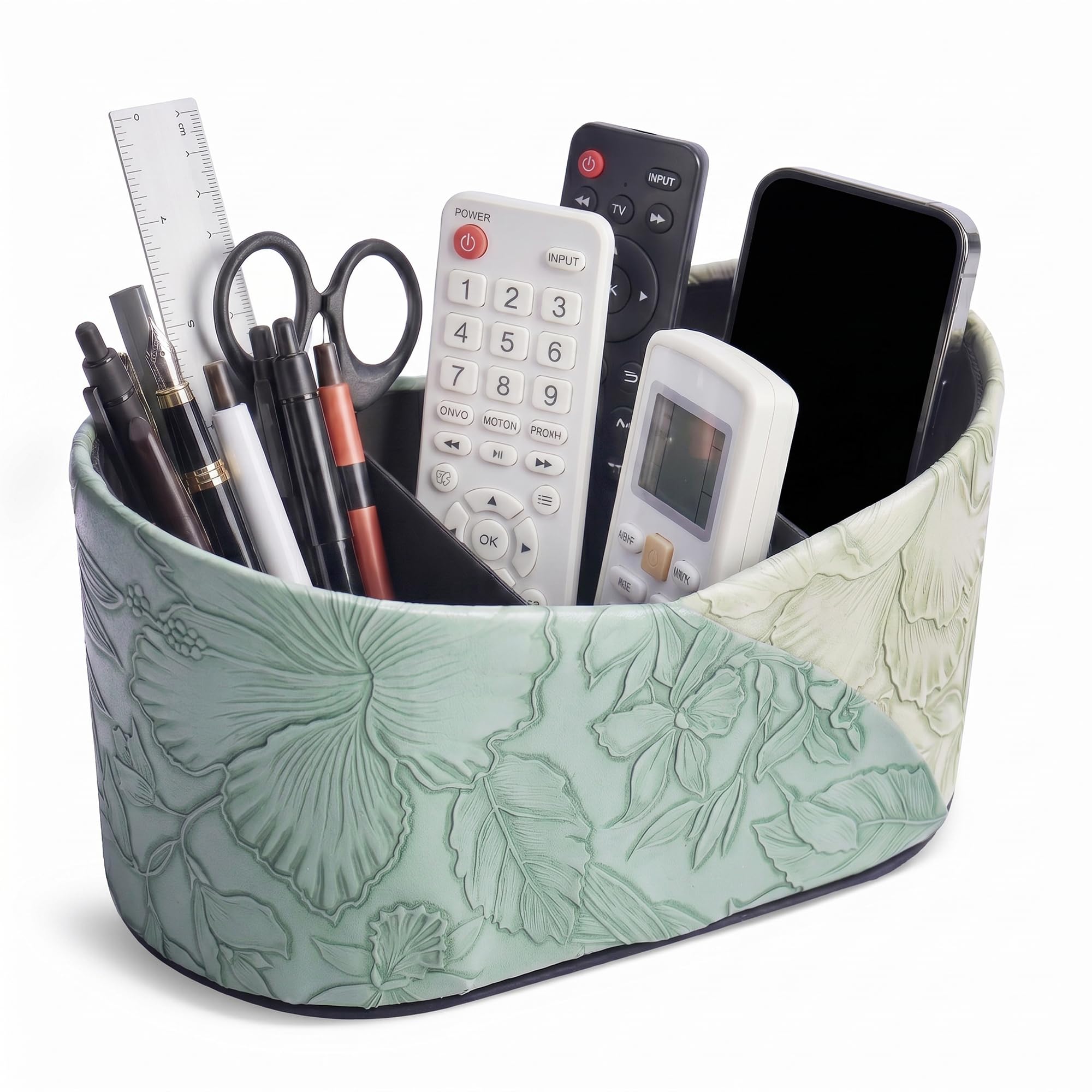 Czzmy Two Leaves Shaped Leather Art Supply Organizer,Remote Control Holder,Multi-Functional Pencil Holder,3 Compartments Desktop Stationary Organizer(1-Green)