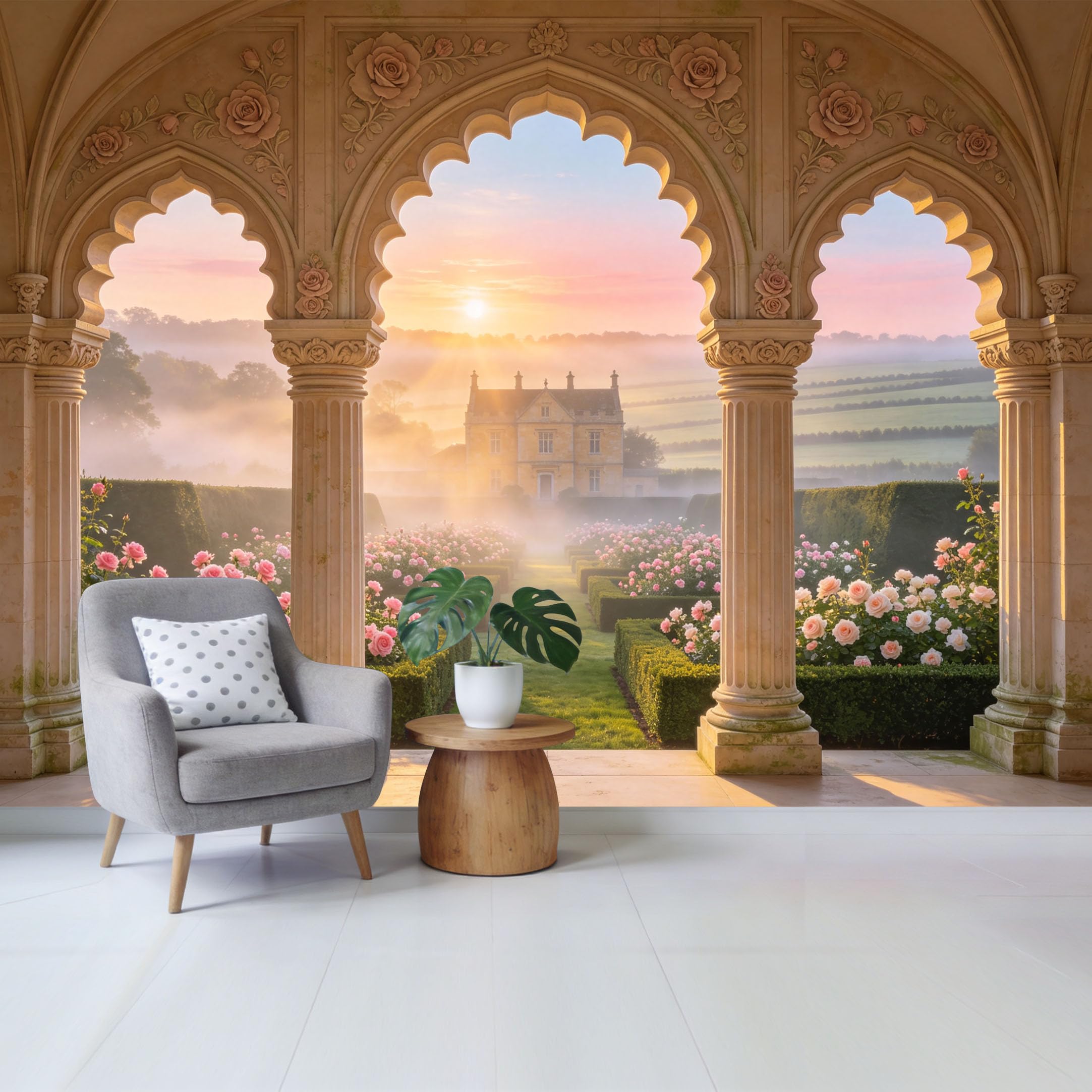 Custom Size Wall Mural Romantic Garden Landscape Archway View of Sunrise and Roses Removable Self Adhesive Fabric Home Wall Decor for Living Room Bedroom Bathroom