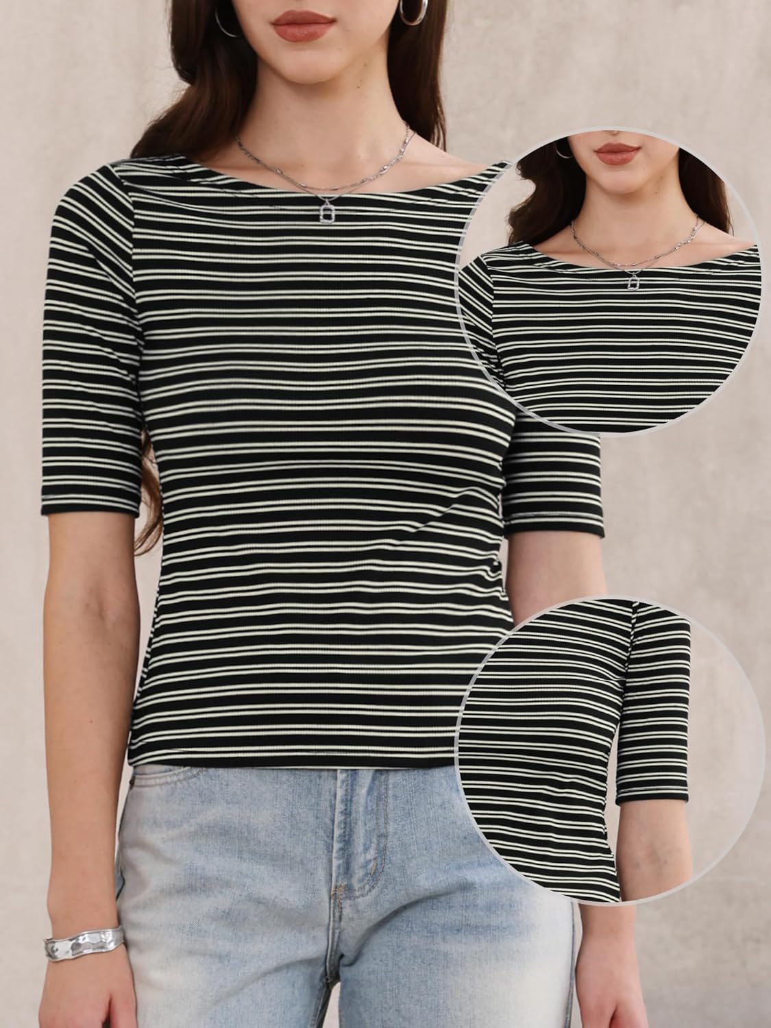 Allegra K Striped T-Shirt for Women Boat Neck Half Sleeve Tops Slim Fit Casual Trendy Outfits - Image 4