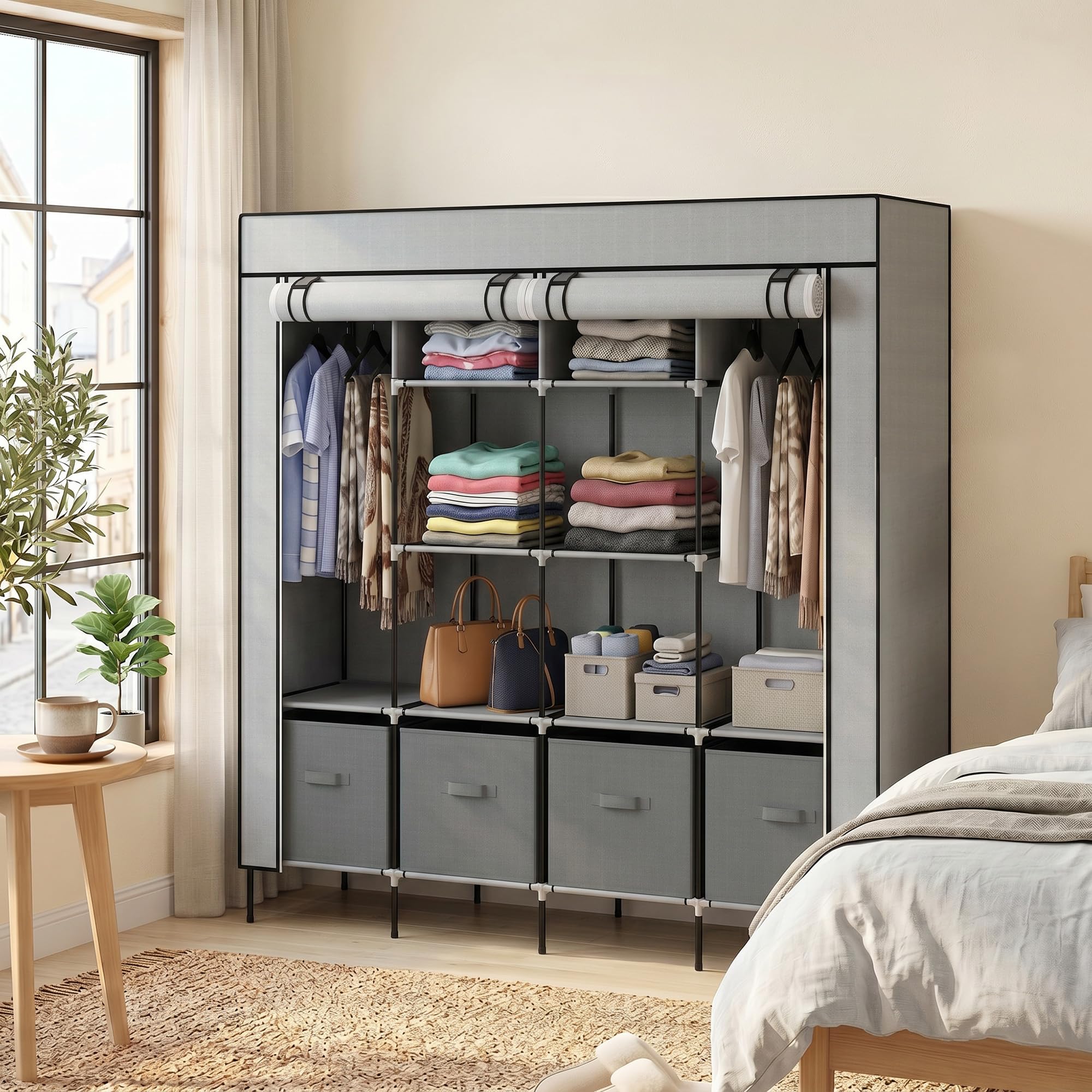 HOMCOM Armario de Tela para Dormitorio Armario Portátil con 10 Compartimentos 2 Rieles Colgantes y 4 Cajones de Tela 166x42,5x169,5 cm Gris Oscuro