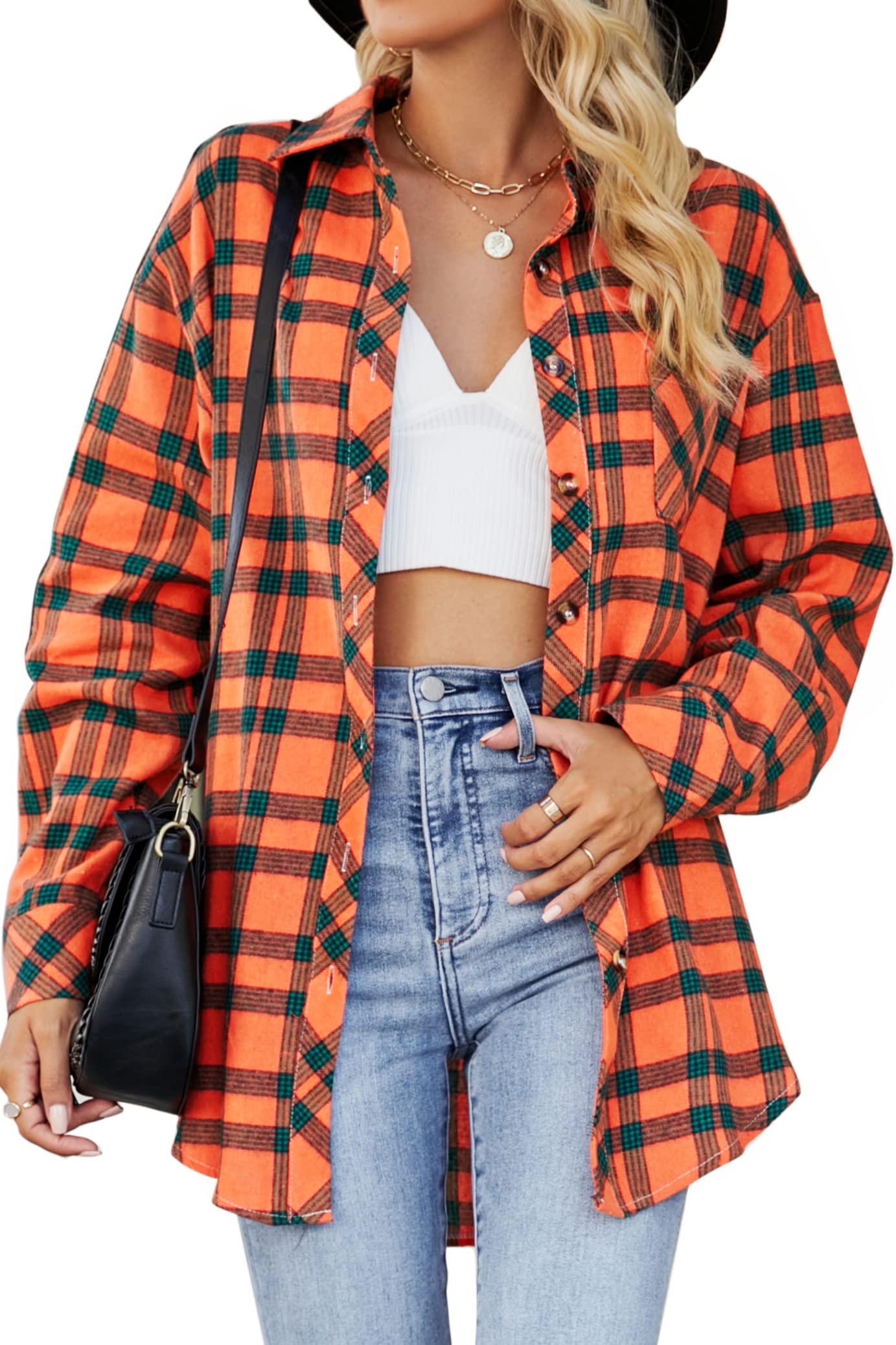 CHYRII Womens Button Down Flannel Shirts Long Sleeve Plaid Shackets Business Casual Blouse Top