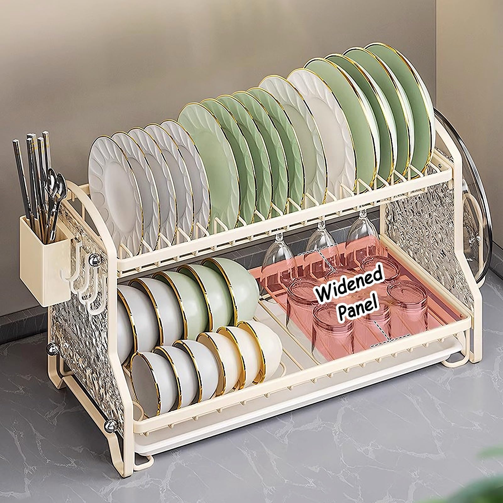 Scolapiatti da Appoggio per Lavello con Porta-bacchette Acciaio ai Carbonio Portaposate Scolaposate a 2 Ripiani Organizzatore Cucina per Appartamenti e Case(42 * 25 * 29.5cm)