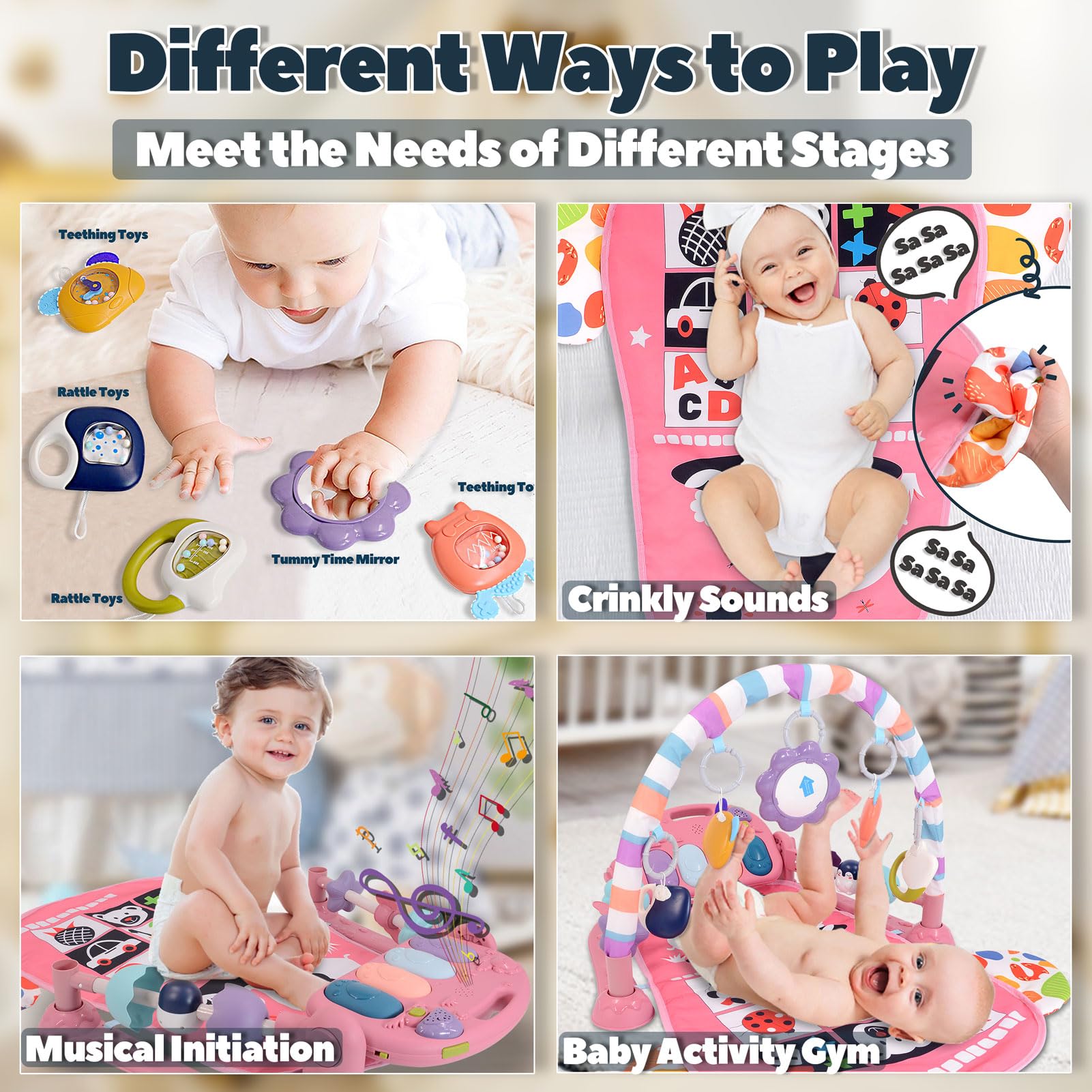 TAMOIE Baby Play Gym for 0-6 Months, High Contrast Tummy Time Mat, Kick and Play Piano, Music and Lights, Newborn Gifts for Girls, Pink