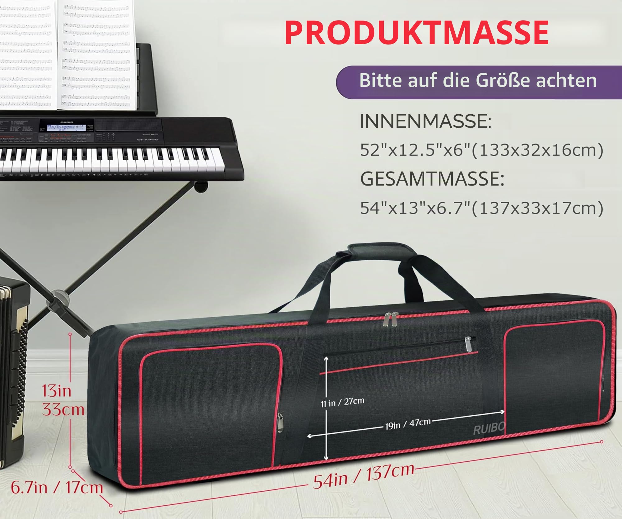 Ruibo Keyboardtasche 88 Tasten,Gigbag 600D Oxford-Tuch mit 10 mm Baumwoll-Gepolstert,Tragbar Langlebig Wasserdicht,137,2 x 33 x 17 cm,Schwarz+Rot
