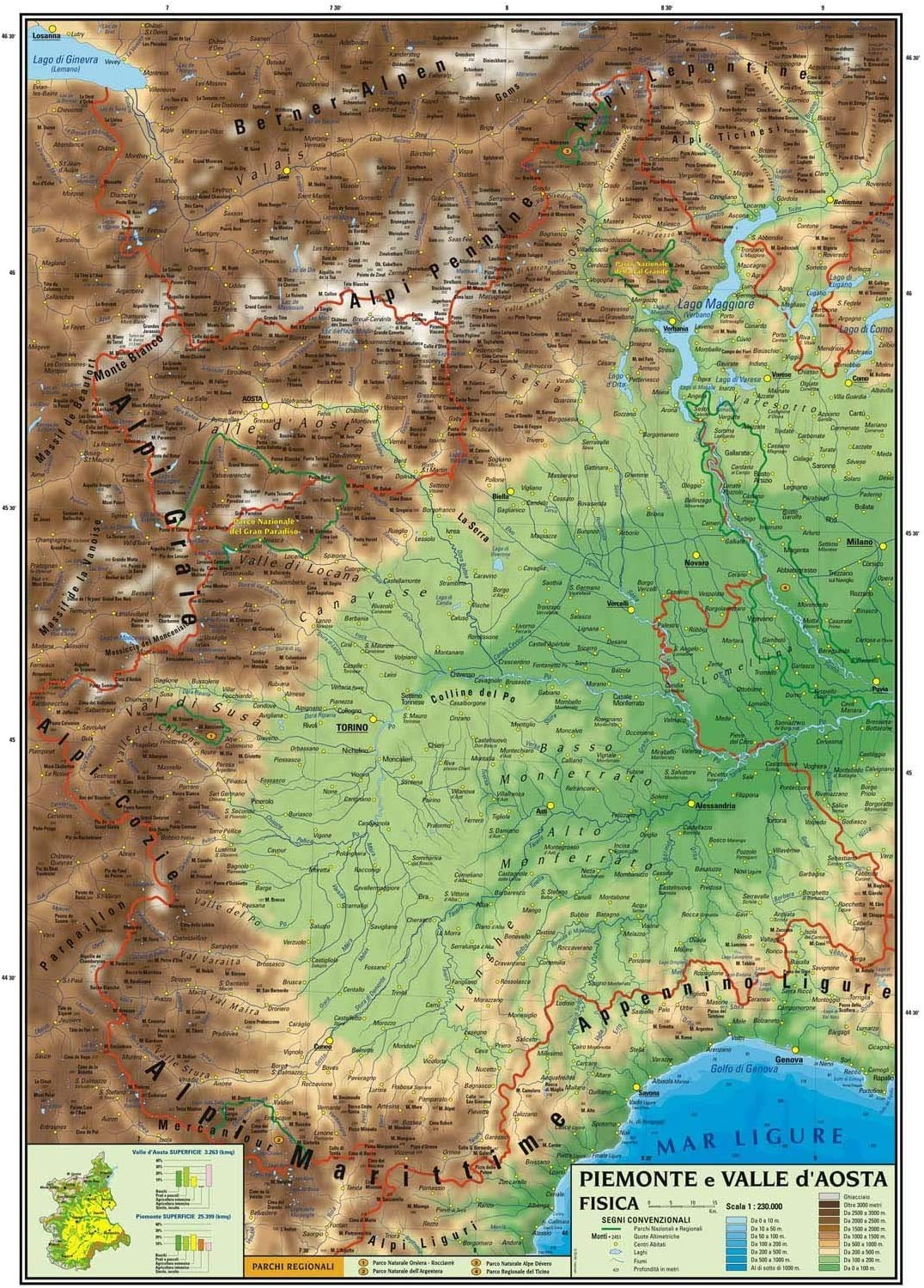 Cartine geografiche bifacciali politiche e fisiche Regioni D'Italia 100x140 cm complete di aste (Piemonte e Valle D'Aosta)