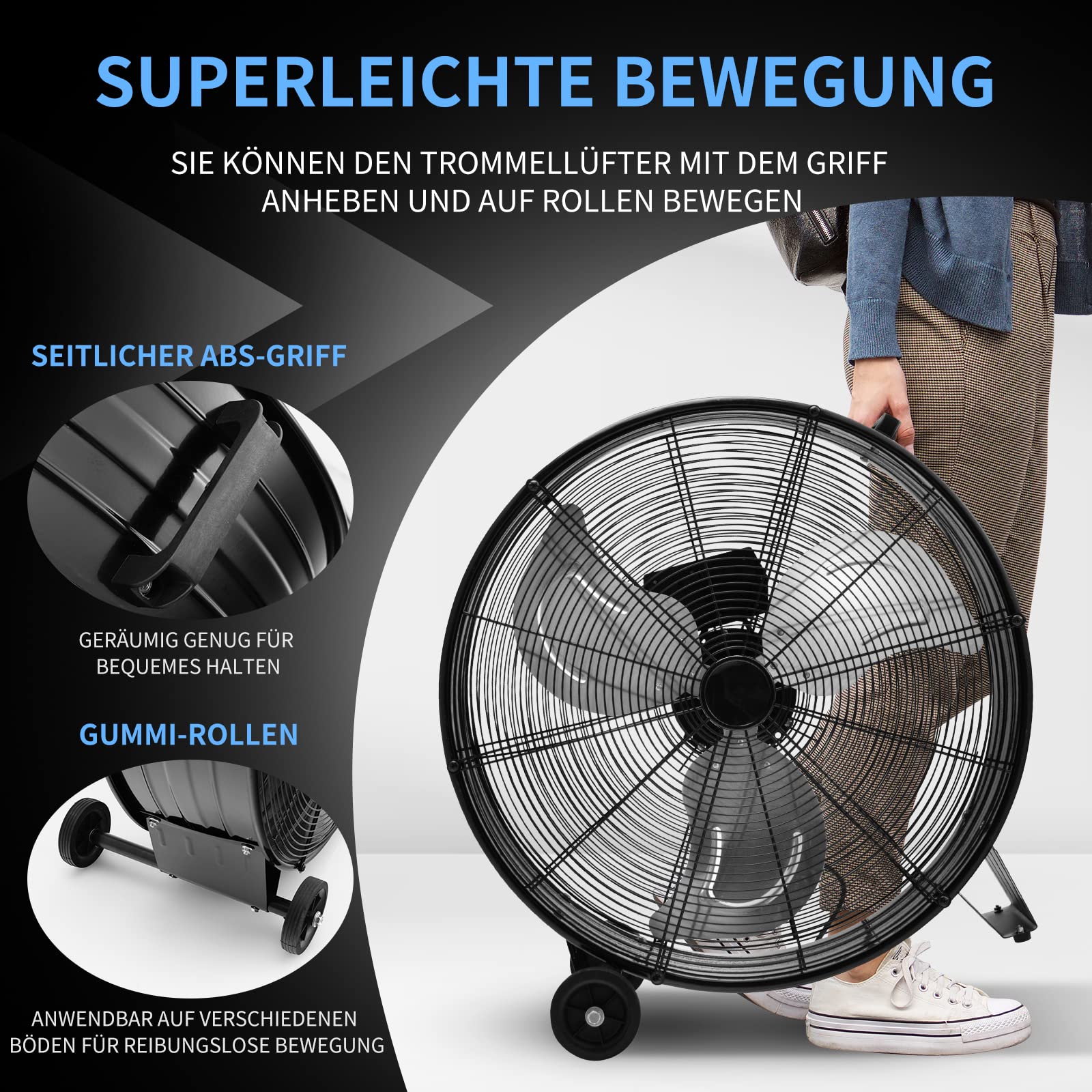 COSTWAY 65cm Bodenventilator groß, 180W Windmaschine 3 Stufen | Trommelventilator industriell mit Rollen, Leistungsstarker Standventilator für Lager, Werkstatt, Terrasse und Keller