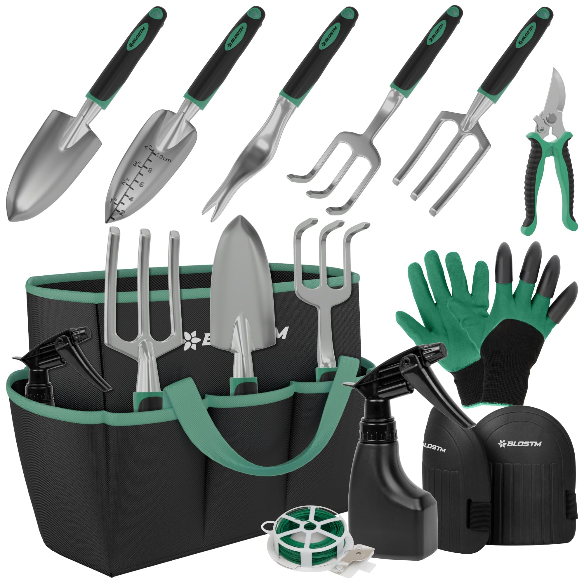 BLOSTM Juego de herramientas de jardinería de 11 piezas, kit de herramientas de jardín resistente con bolsa de mano impermeable, juego de paletas de jardín a prueba de óxido (verde/negro)