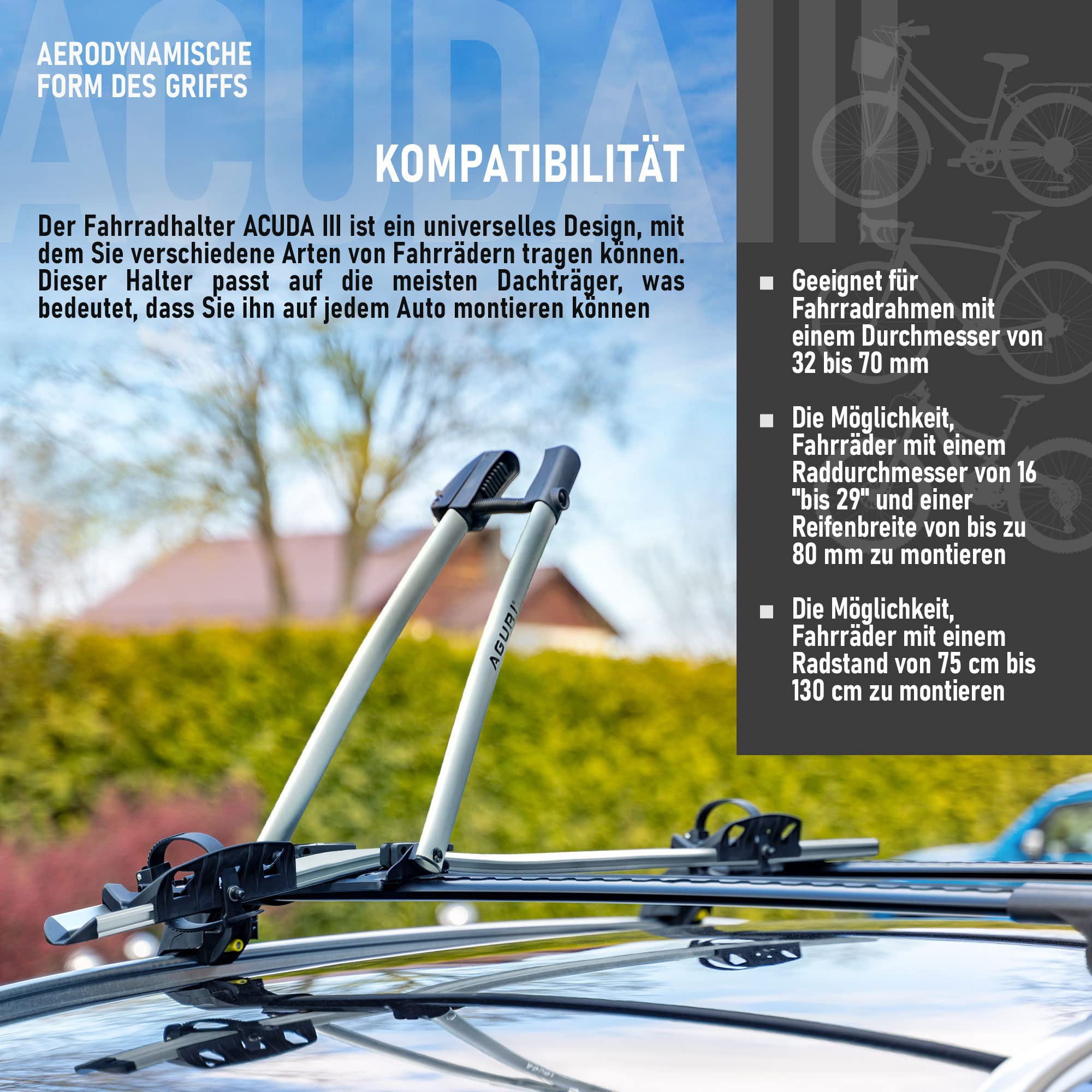 AGURI ACUDA III | Fahrradträger, Fahrrad Dachträger, Universeller Fahrradhalter fürs Autodach | Abschließbar | Belastbarkeit bis 20 kg | Leichte und robuste Konstruktion aus Aluminium | TÜV