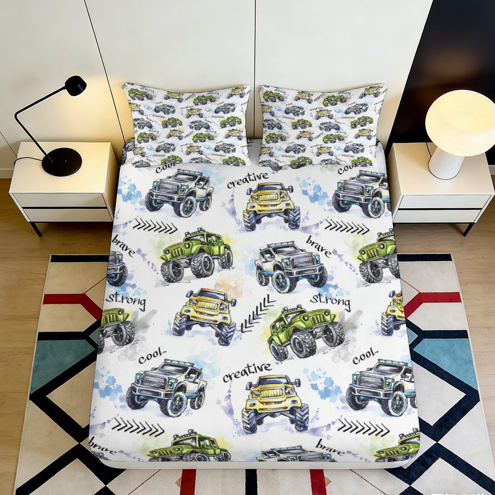 3D Printed Monster Truck Fitted Sheet Microfiber Soft Breathable Racing Car Bed Cover for Bedroom Guest Room Decor 90x200x25cm