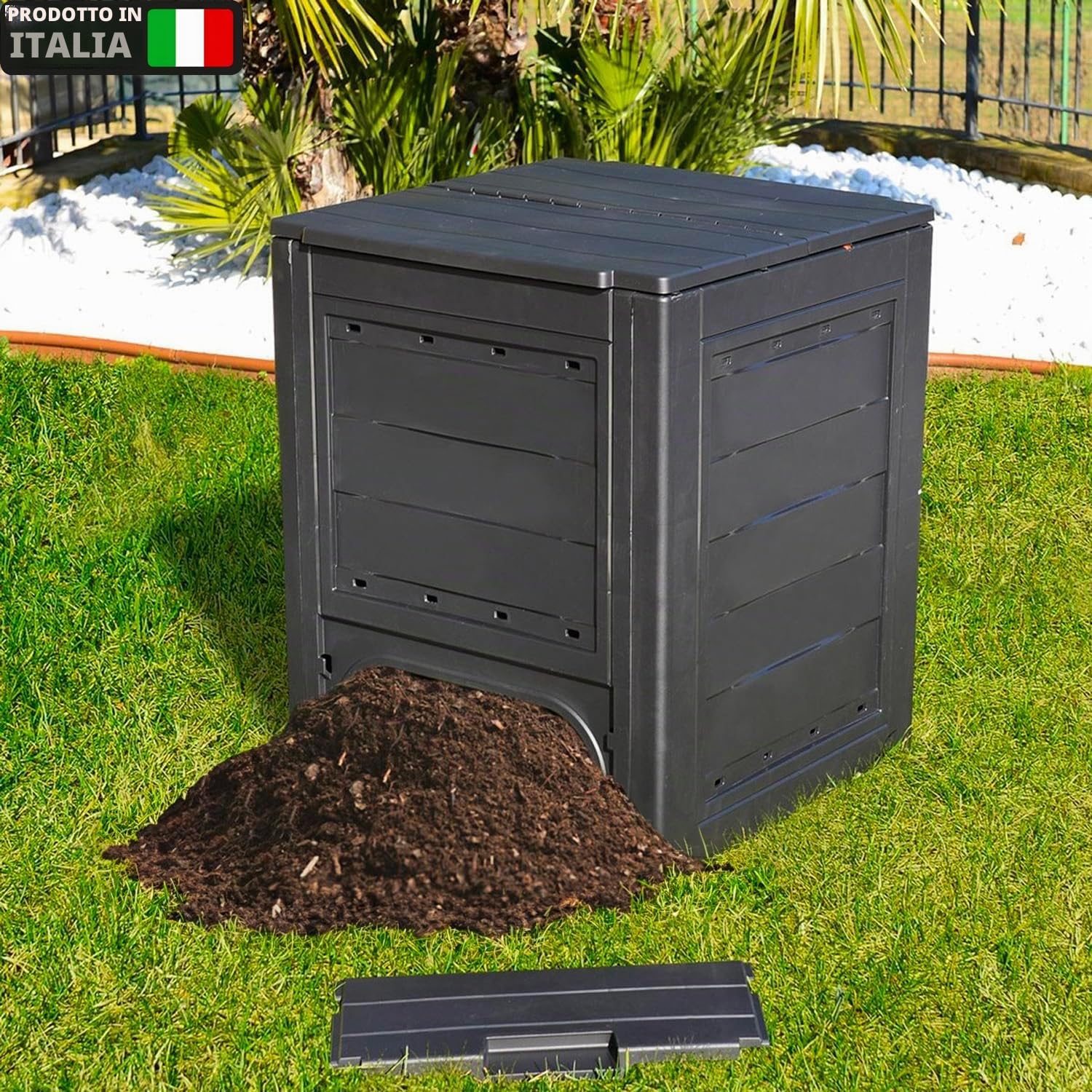Avilia Contenitore per Compostaggio da Giardino - Compostiera con Accesso Frontale, in Polipropilene, 260L, 60x60x73cm, Nera, Made in Italy