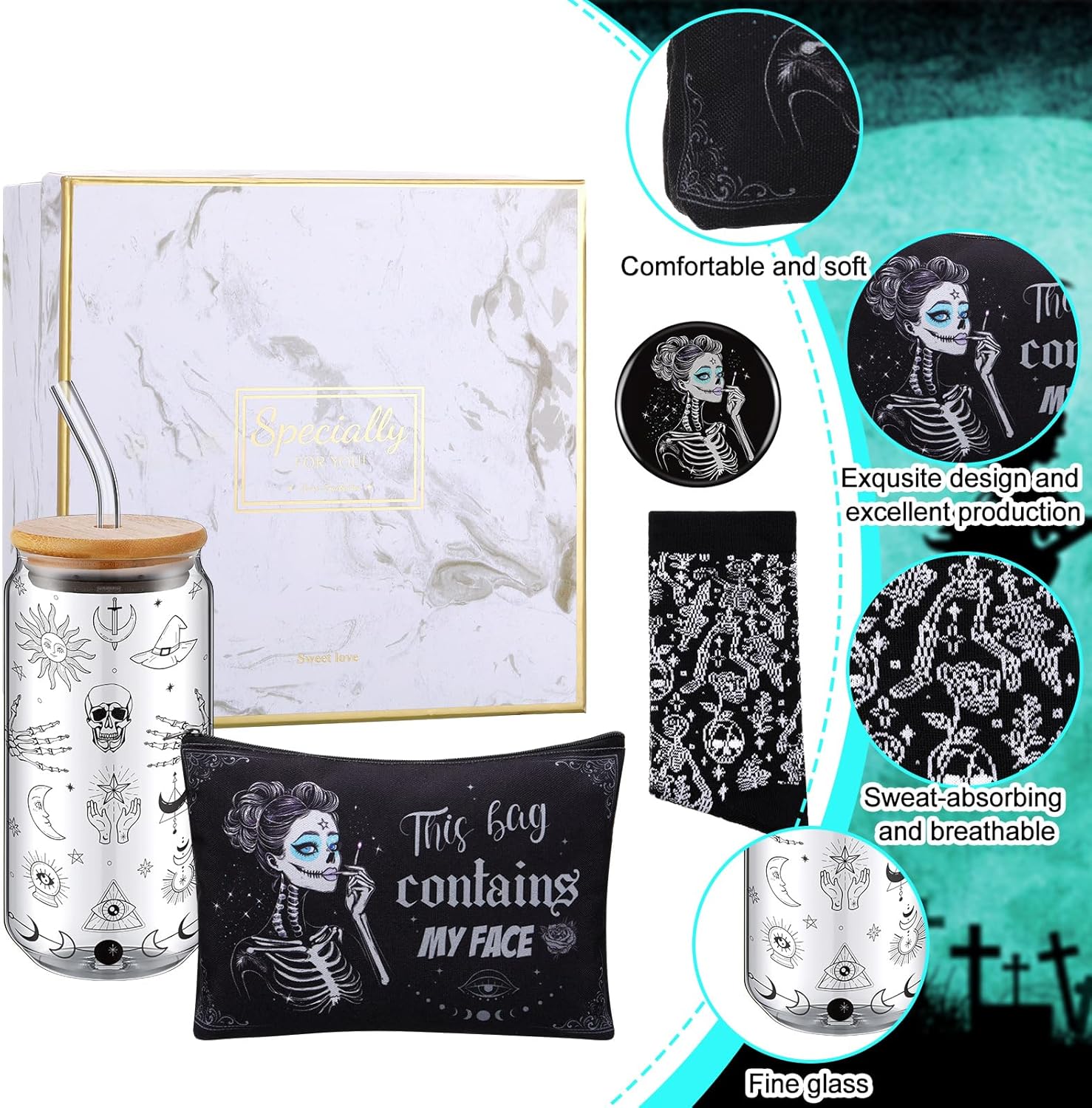 Kacctyen 5 Pcs Christmas Spooky Gifts for Women Witchy Gothic Gifts Stuff 16 oz Skeleton Glass Cups with Lids Straws Goth Makeup Bag Pocket Mirror Sock Goth Theme Box for Birthday Party Favors Friends - Image 3
