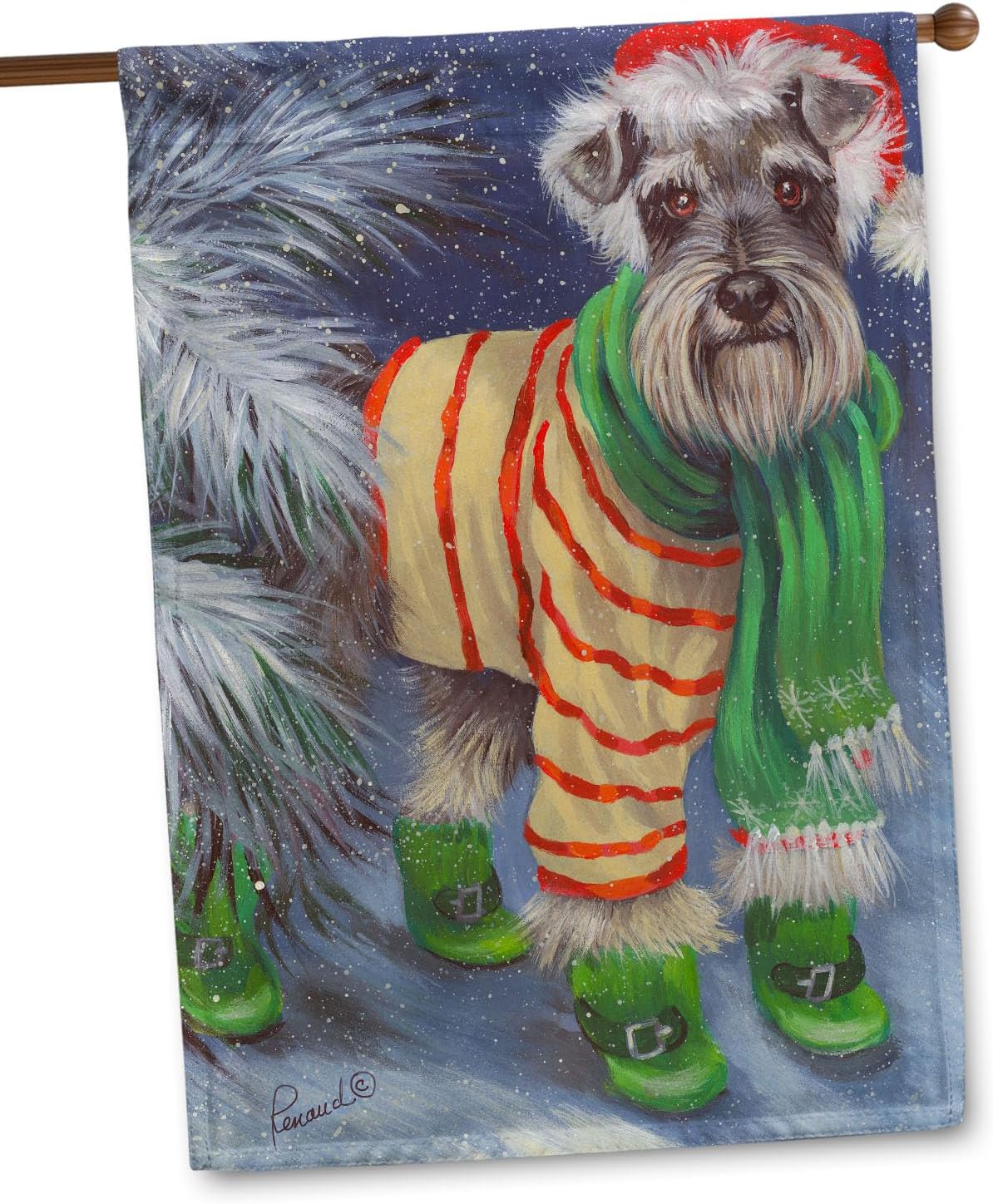 Flagology, Schnauzer Snow Day Dog Christmas House Flag 28" x 40", Outdoor Winter Holiday Yard Decor, Schnauzer Xmas Puppy Santa Hat, Precious Pets Paintings