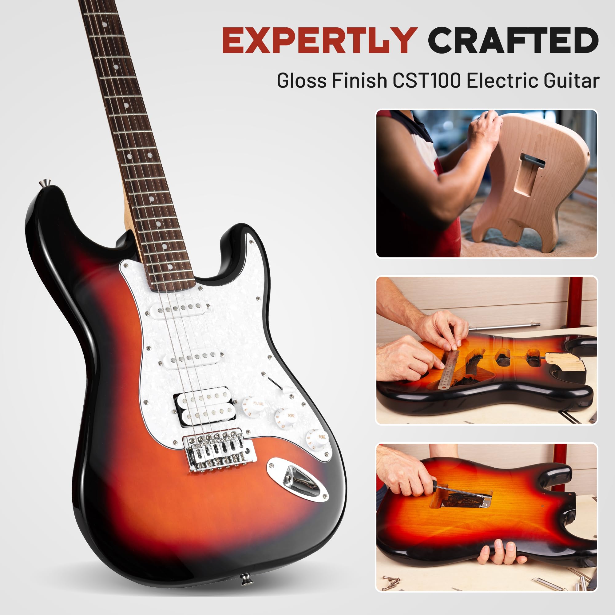 CAHAYA Set di Chitarra Elettrica e Amplificatore: chitarra Stratocaster da 39 pollici con 3 pickup (S-S-H), include custodia, accordatore, Whammy Bar e 4 plettri