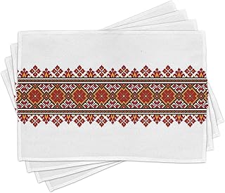 Lunarable Ukrainian Place Mats Set of 4, Colorful Ornamental Slav Motifs Traditional Rushnik Illustration, Washable Fabric Placemats for Dining Table, Standard Size, Brown Marigold