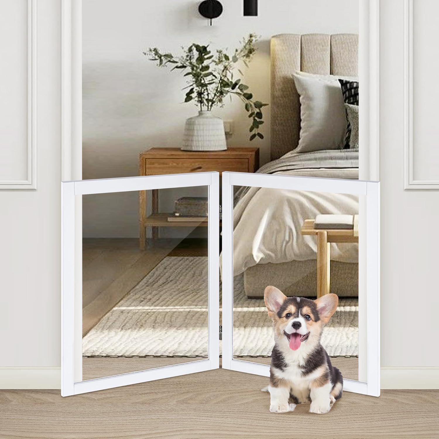 LZRS Clear Dog Gate for Indoor Use - Transparent Pet Fence with Solid Hardwood and Plastic Board, Stylish & Durable freestanding Pet Gate for Doorways, Stairs and Hallways-2 Panel White 24"Height-2 Panel White